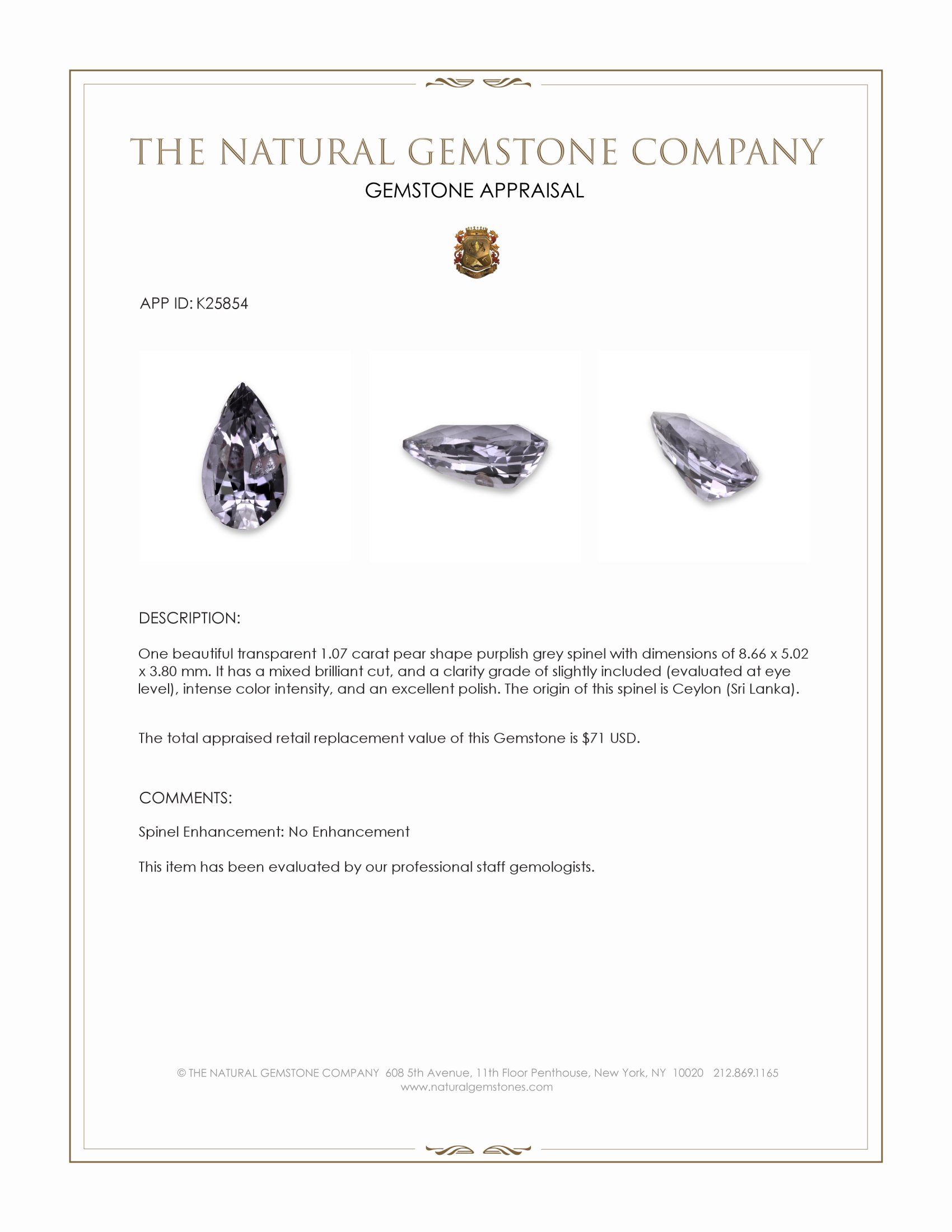 1.07 Ct. Purplish Grey Spinel from Ceylon (Sri Lanka)