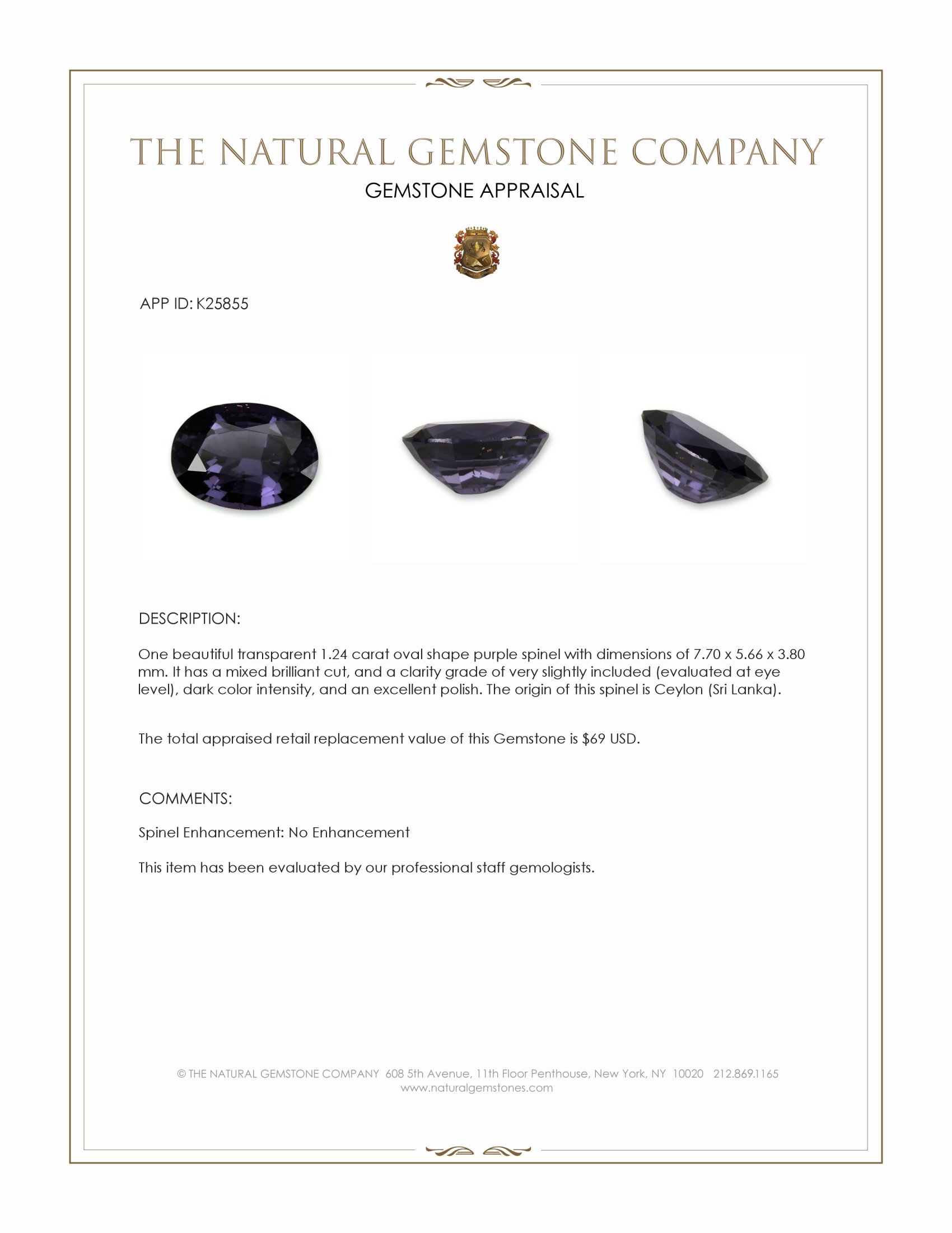 1.24 Ct. Purple Spinel from Ceylon (Sri Lanka)