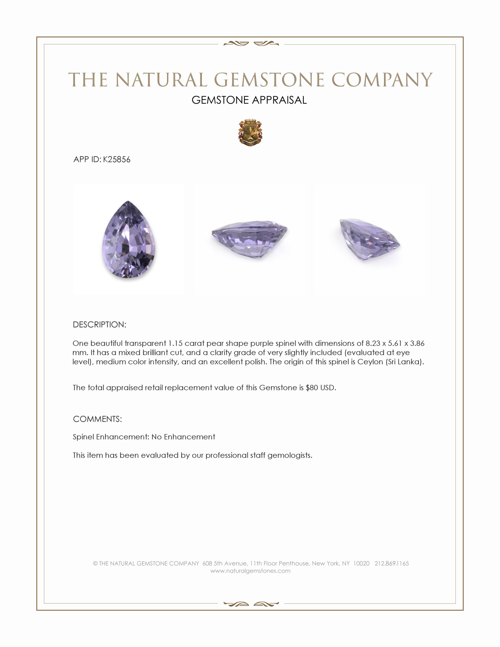 1.15 Ct. Purple Spinel from Ceylon (Sri Lanka)