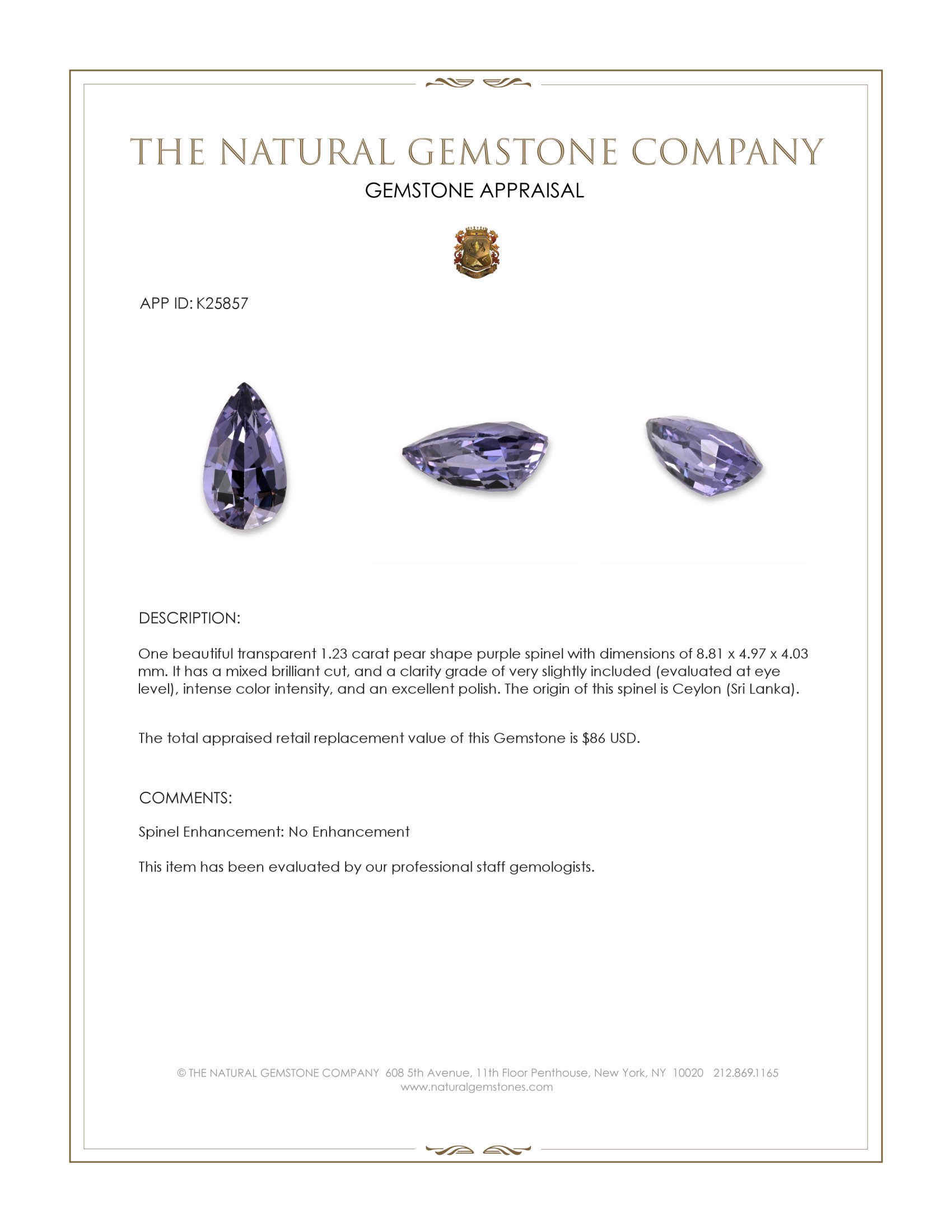1.23 Ct. Purple Spinel from Ceylon (Sri Lanka)