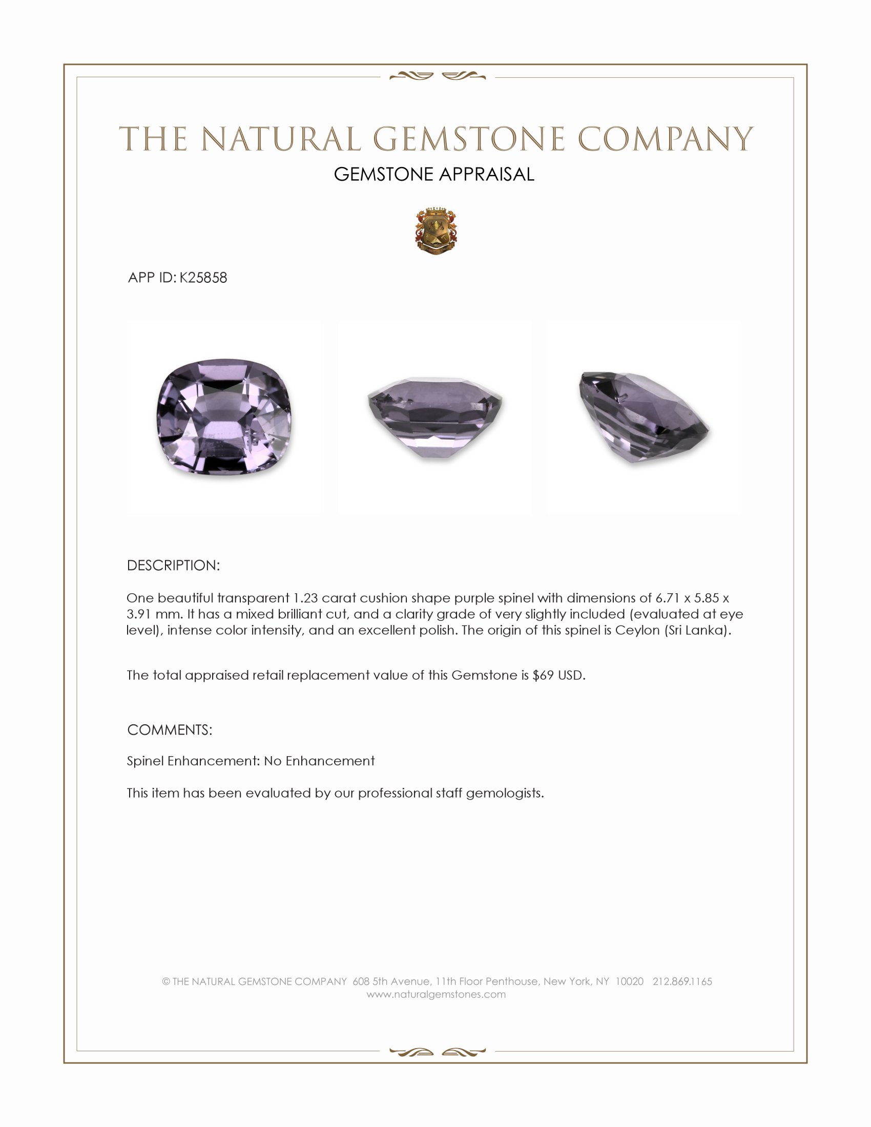 1.23 Ct. Purple Spinel from Ceylon (Sri Lanka)