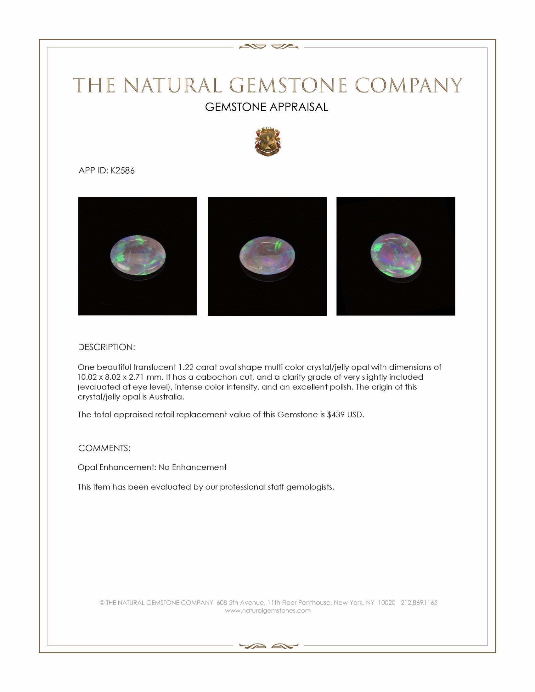 1.22 Ct. Multi Color Cabochon Crystal/Jelly Opal from Australia