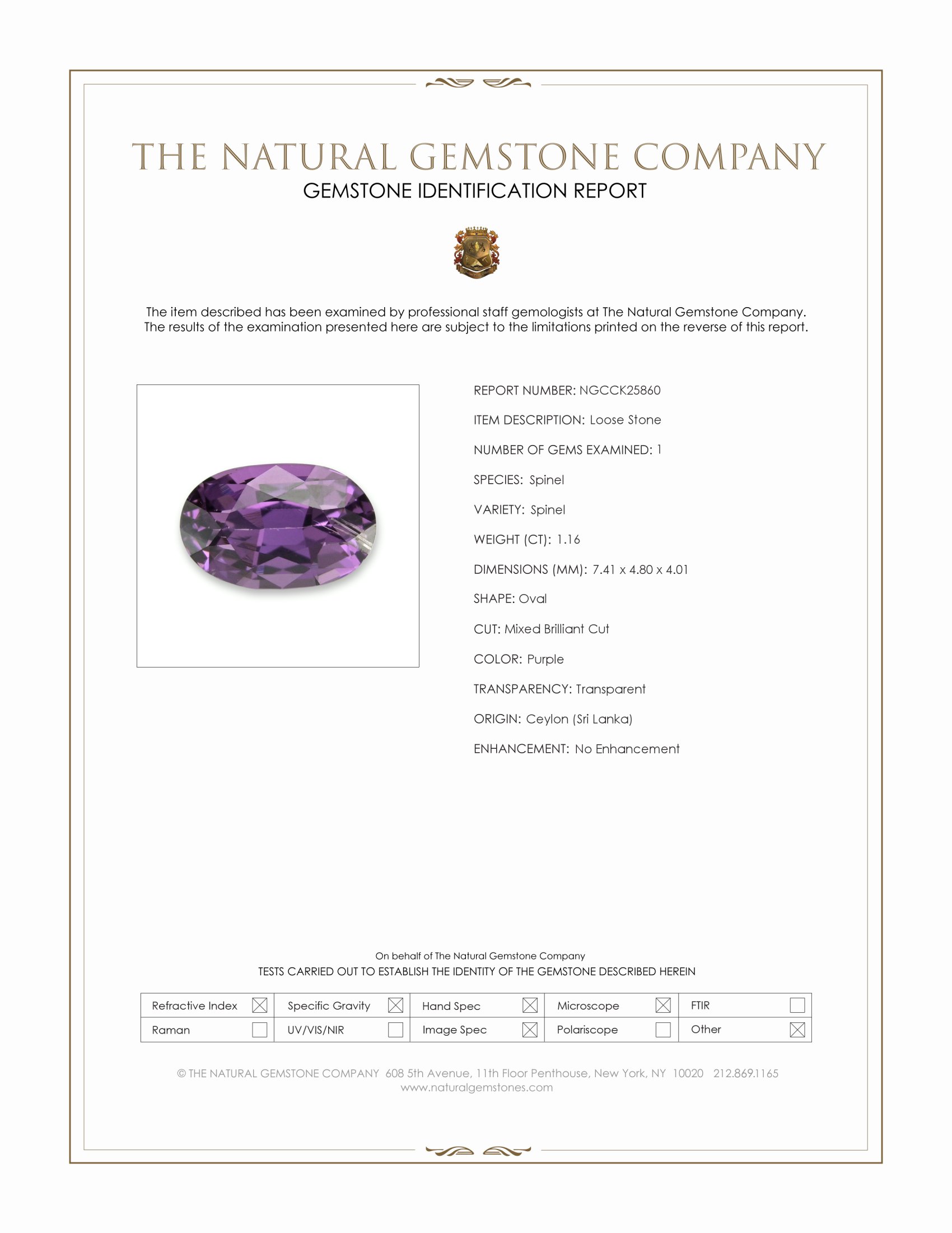 1.16 Ct. Purple Spinel from Ceylon (Sri Lanka)