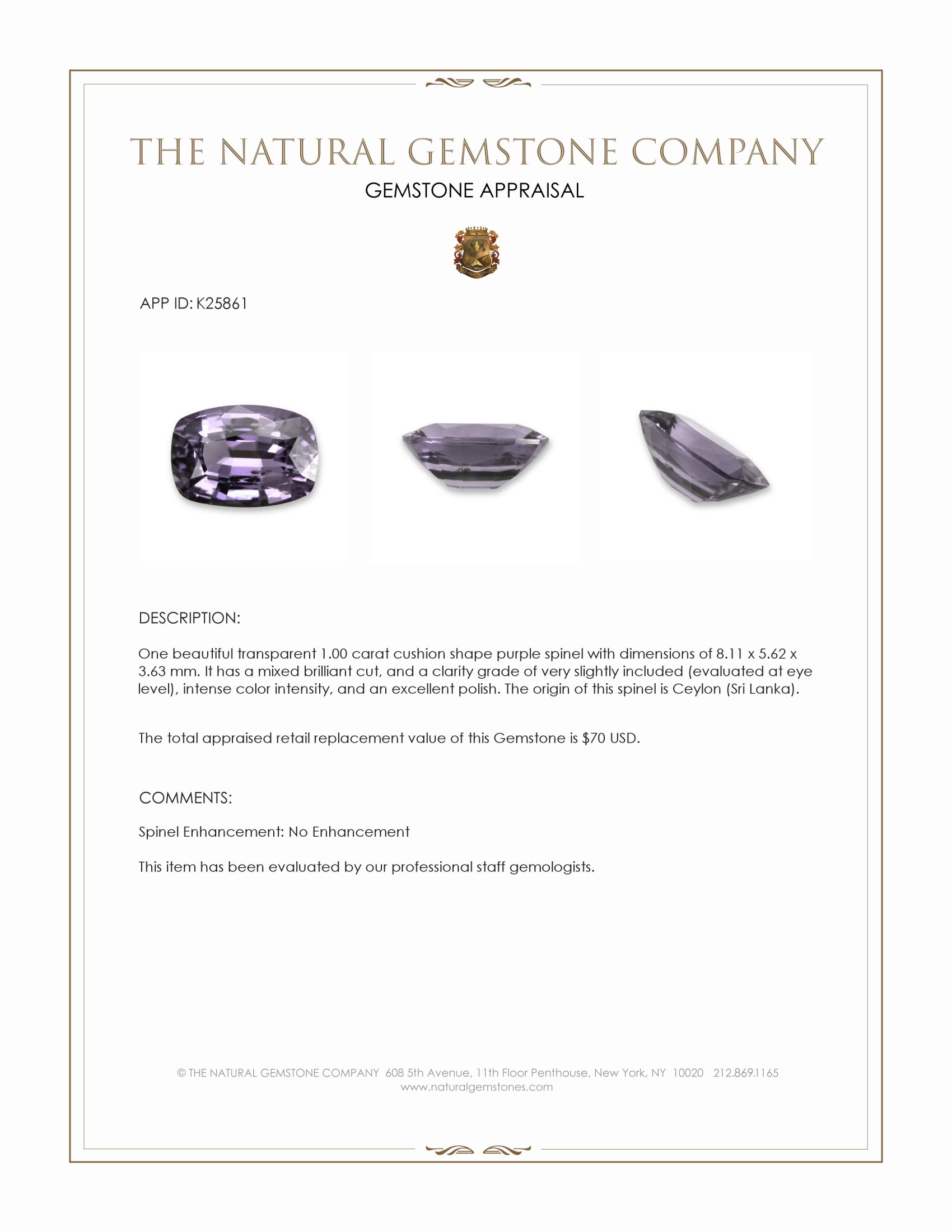 1.00 Ct. Purple Spinel from Ceylon (Sri Lanka)