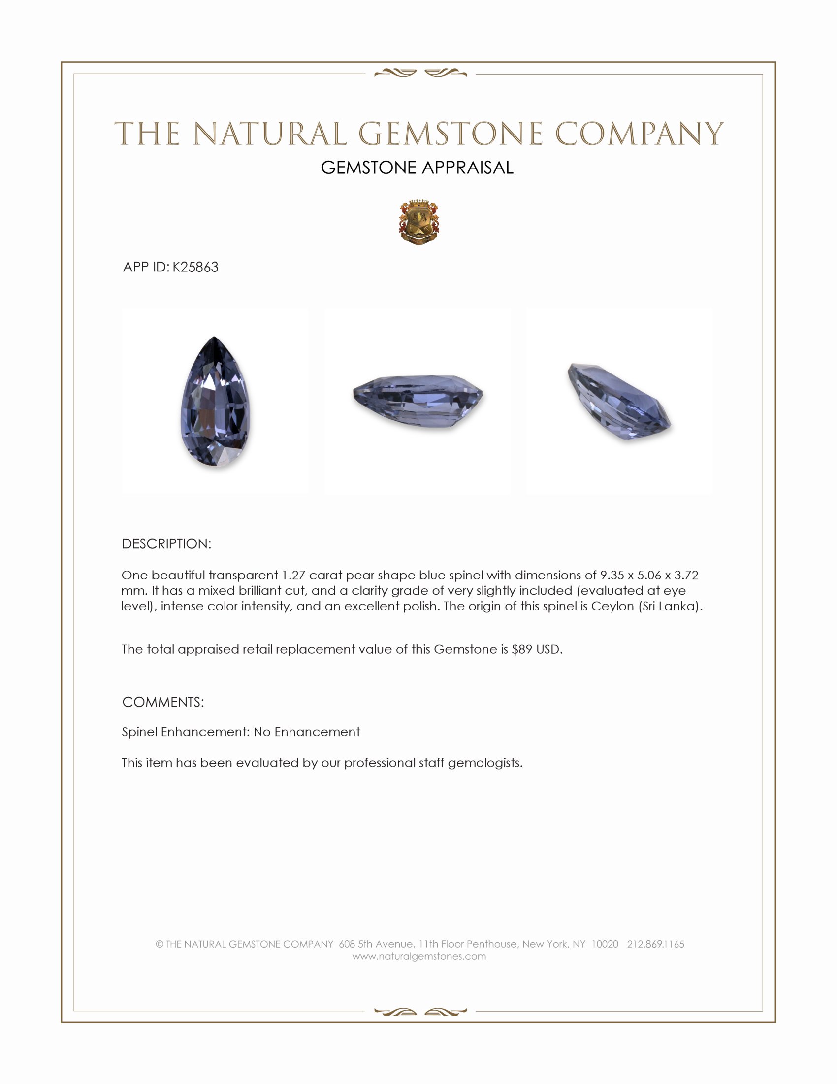 1.27 Ct. Blue Spinel from Ceylon (Sri Lanka)