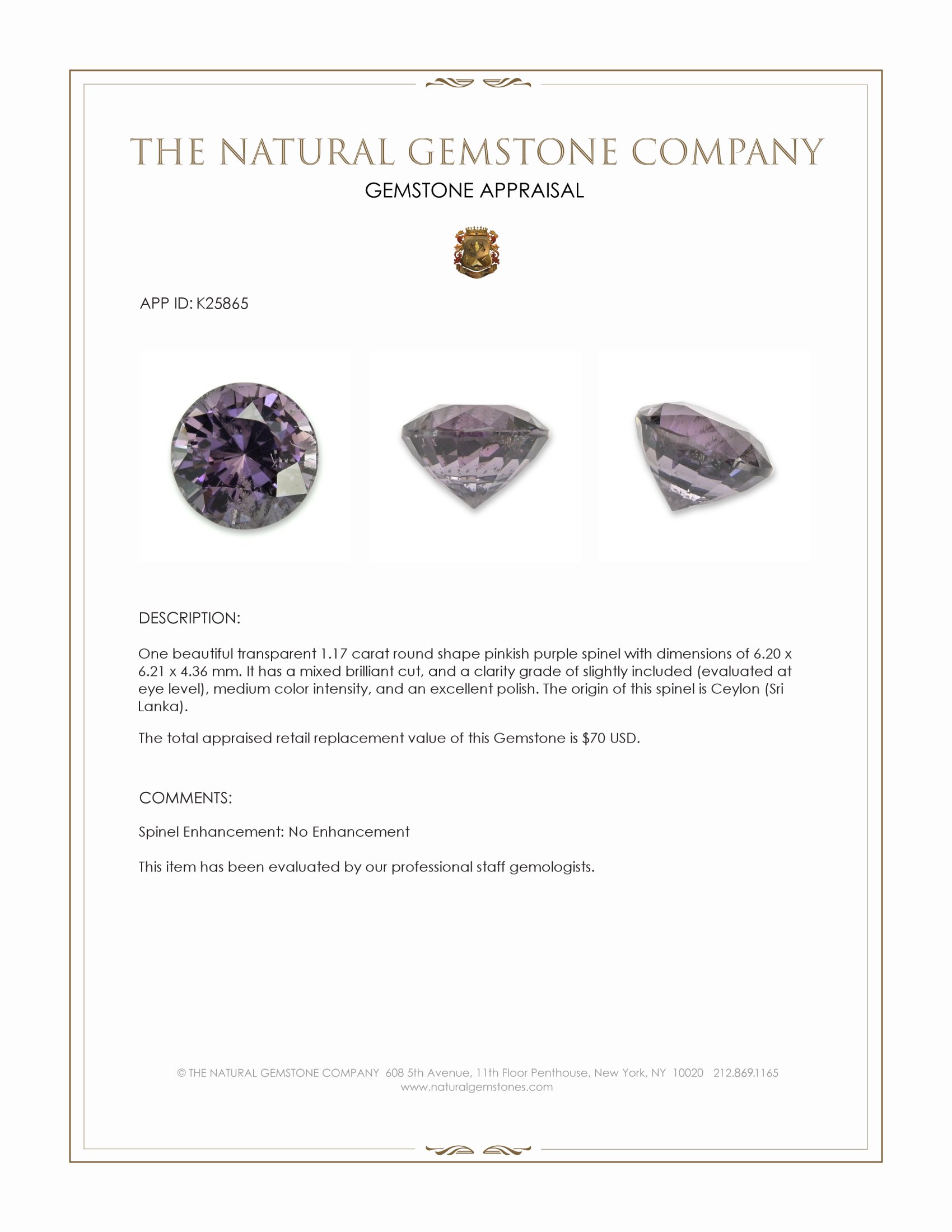 1.17 Ct. Pinkish Purple Spinel from Ceylon (Sri Lanka)