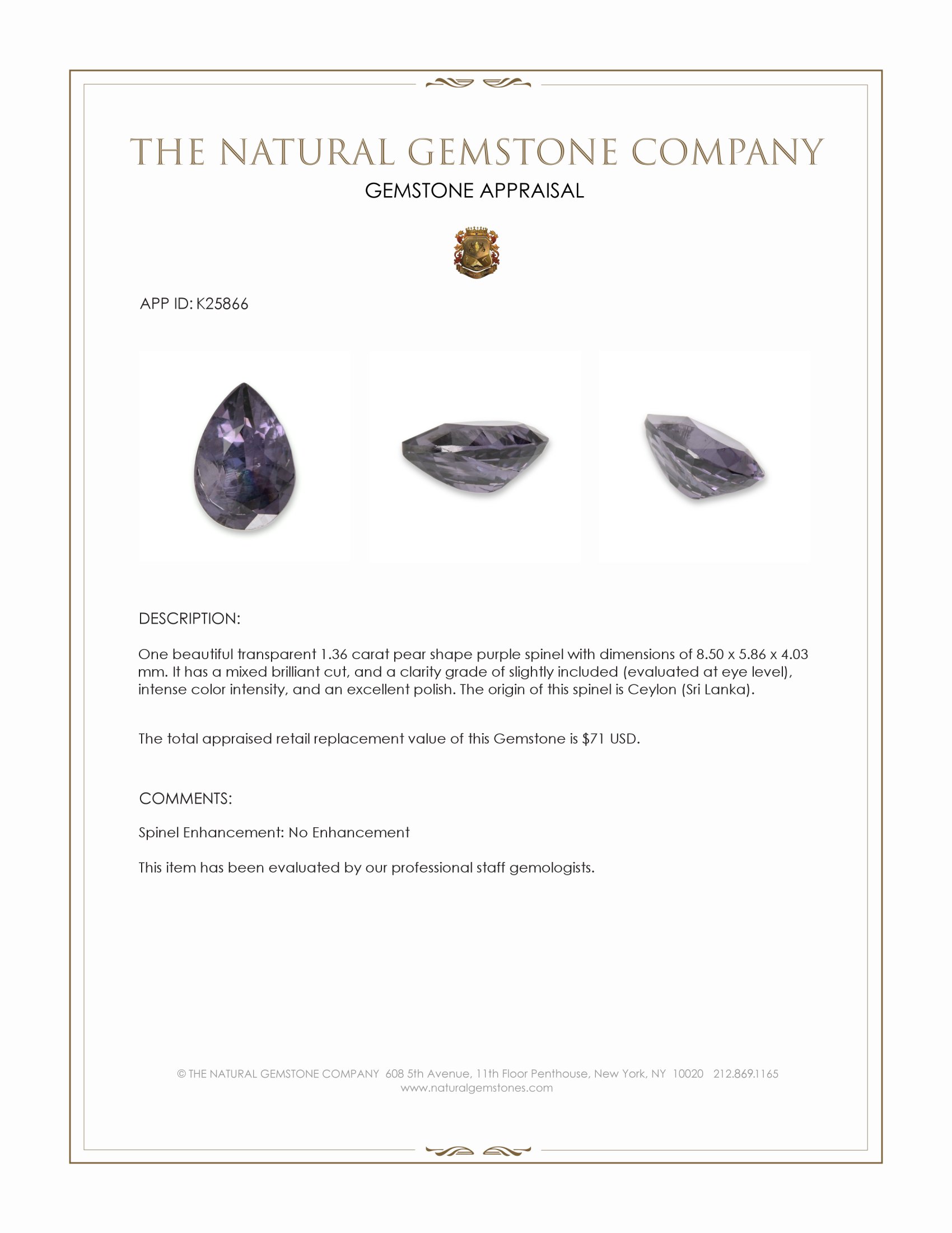 1.36 Ct. Purple Spinel from Ceylon (Sri Lanka)