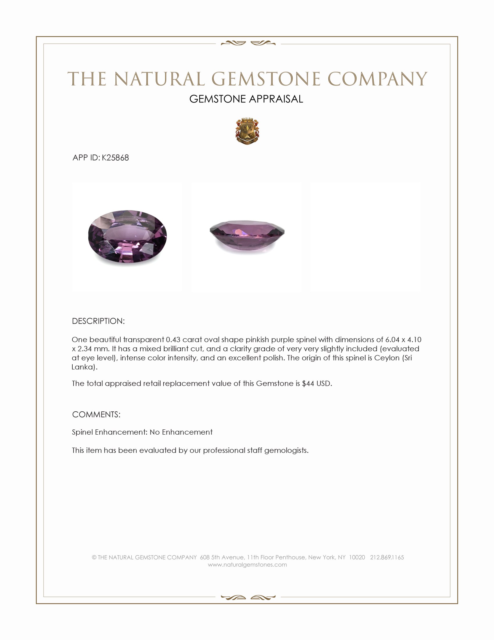 0.43 Ct. Pinkish Purple Spinel from Ceylon (Sri Lanka)