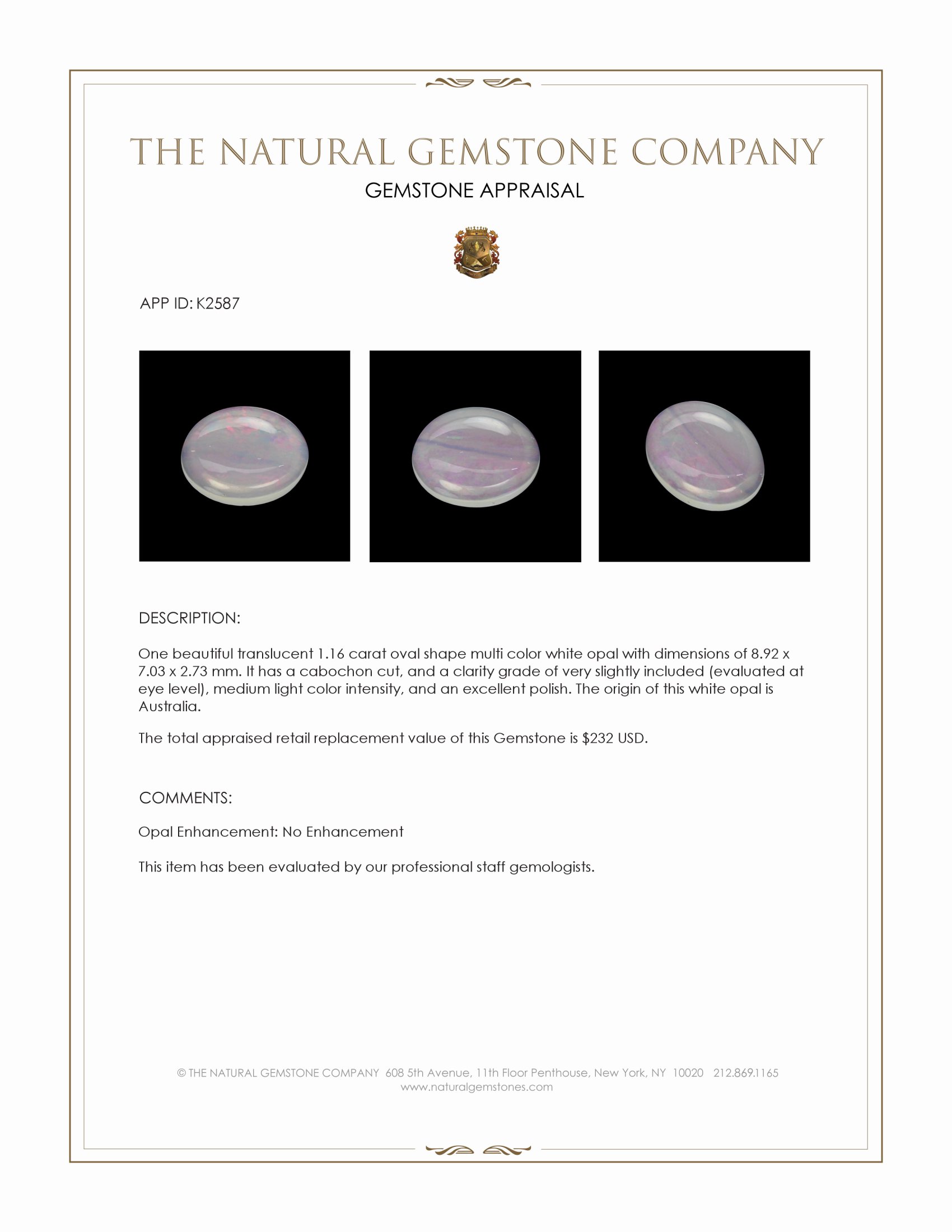 1.16 Ct. Cabochon White Opal from Australia