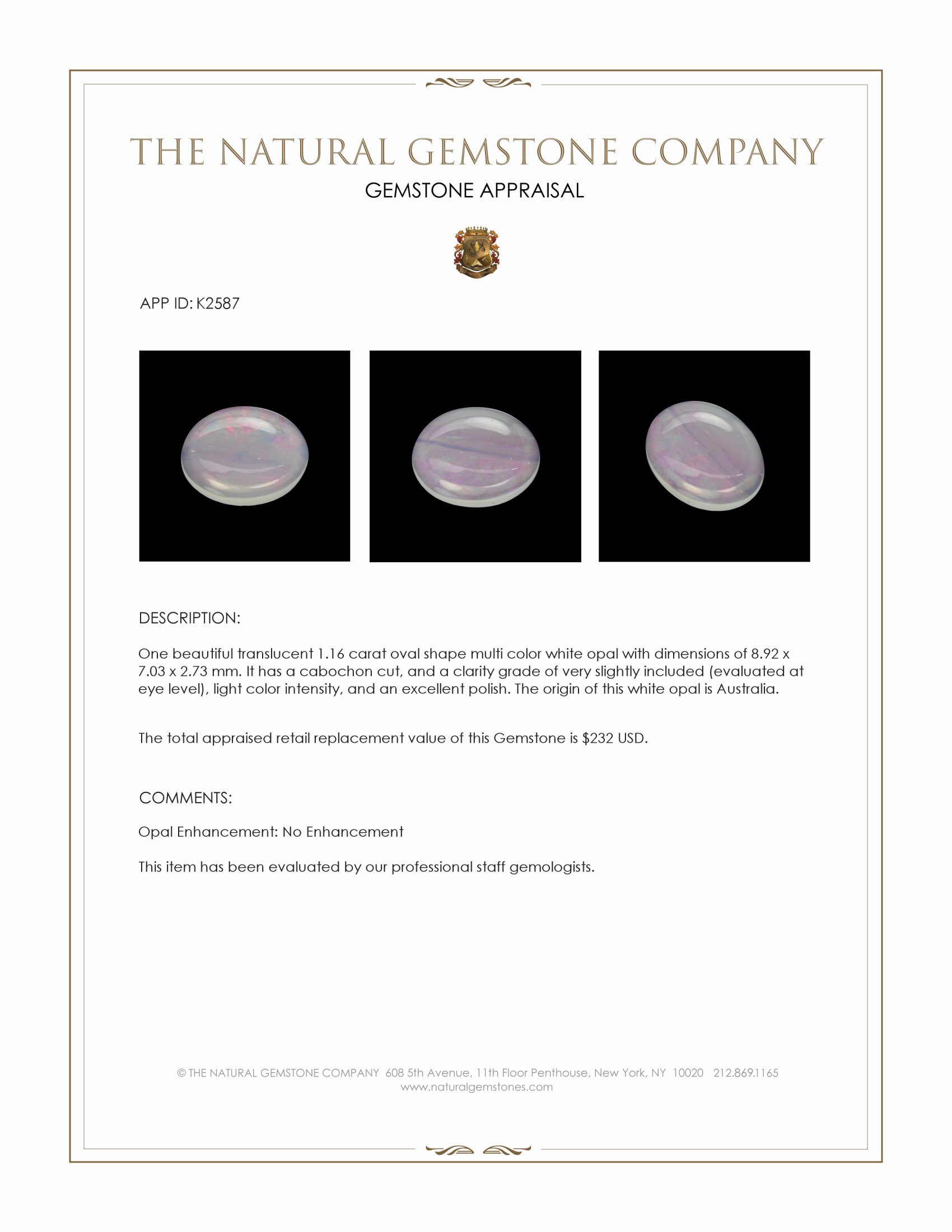 1.16 Ct. Cabochon White Opal from Australia