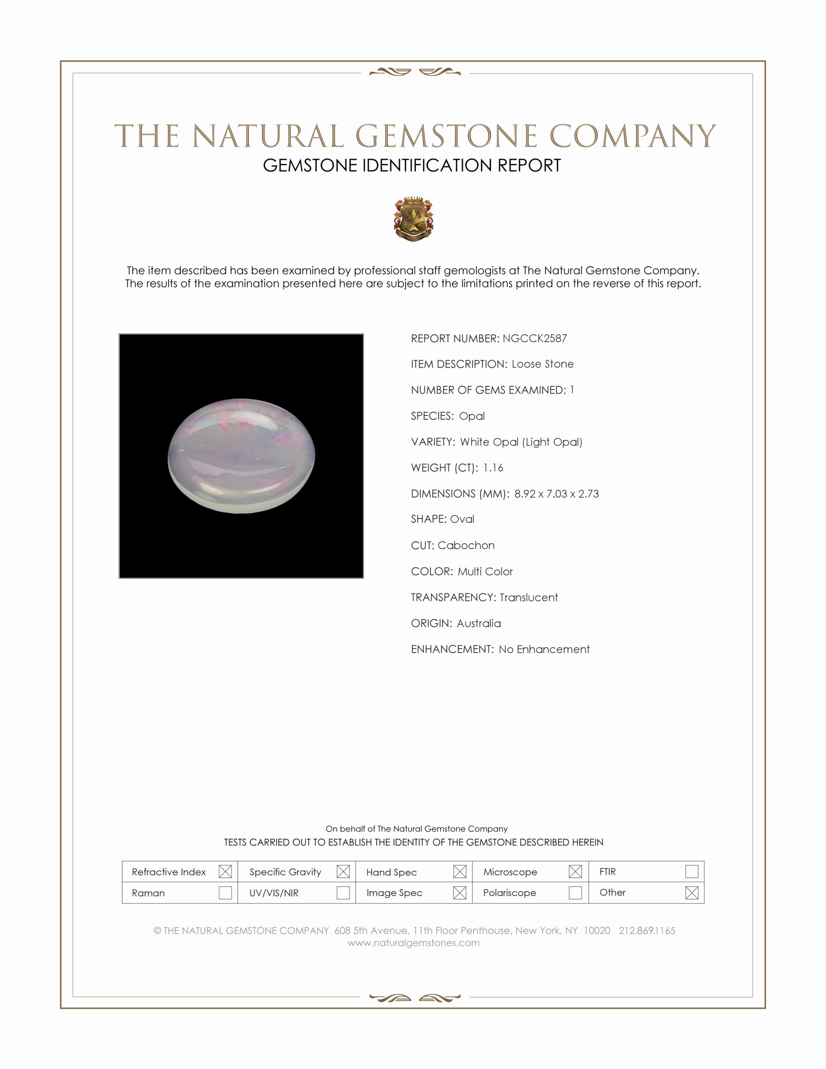 1.16 Ct. Multi Color Cabochon White Opal (Light Opal) from Australia