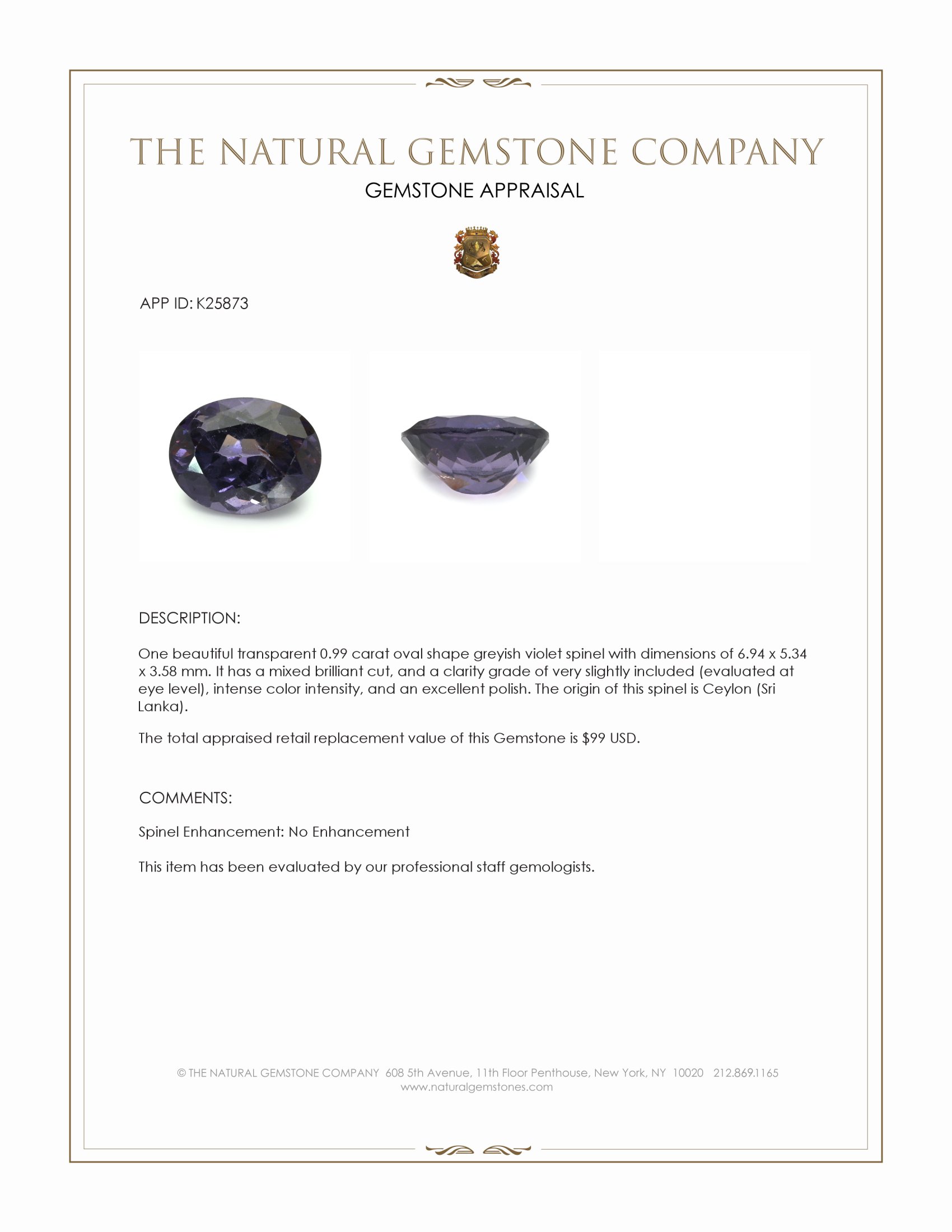 0.99 Ct. Greyish Violet Spinel from Ceylon (Sri Lanka)