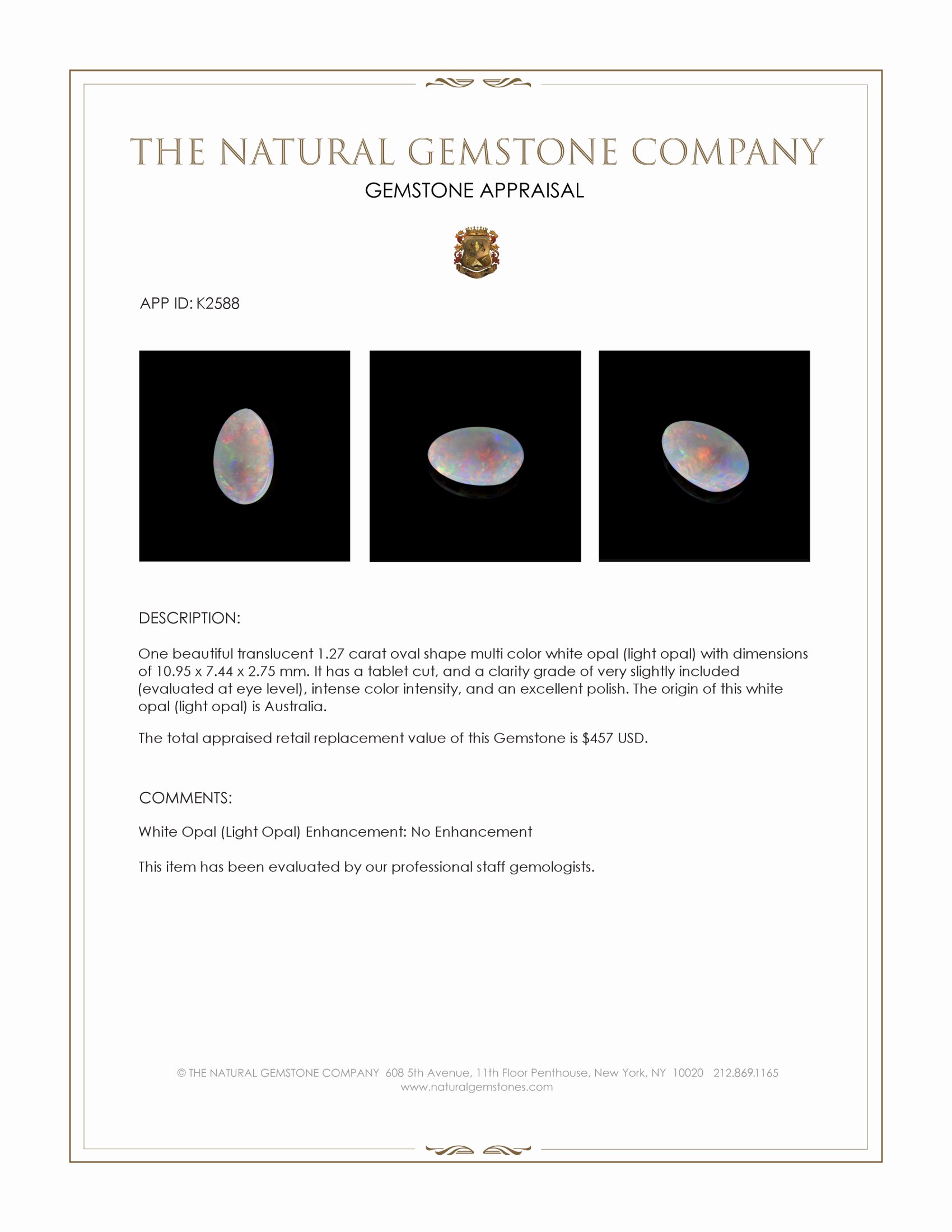 1.27 Ct. Multi Color White Opal (Light Opal) from Australia