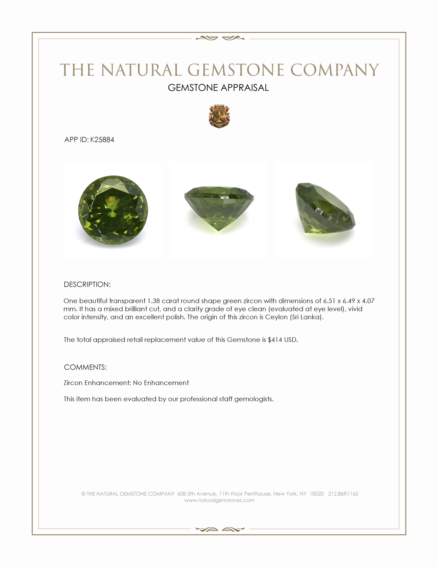 1.38 Ct. Green Zircon from Ceylon (Sri Lanka)