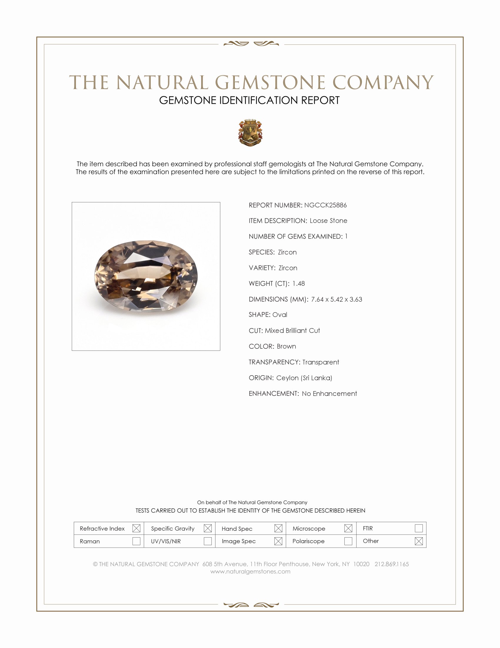 1.48 Ct. Brown Zircon from Ceylon (Sri Lanka)