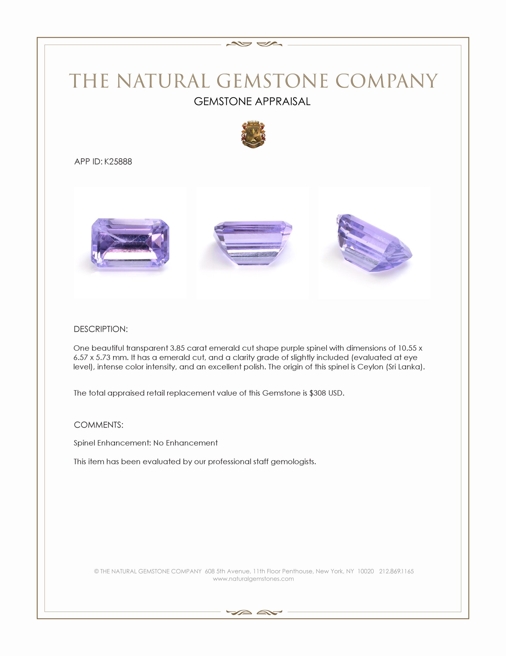 3.85 Ct. Purple Spinel from Ceylon (Sri Lanka)