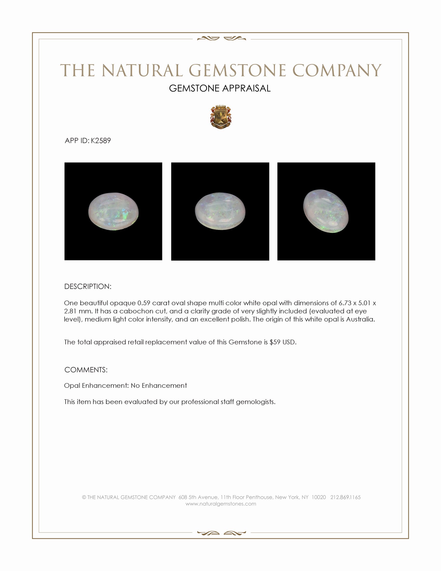 0.59 Ct. Cabochon White Opal from Australia