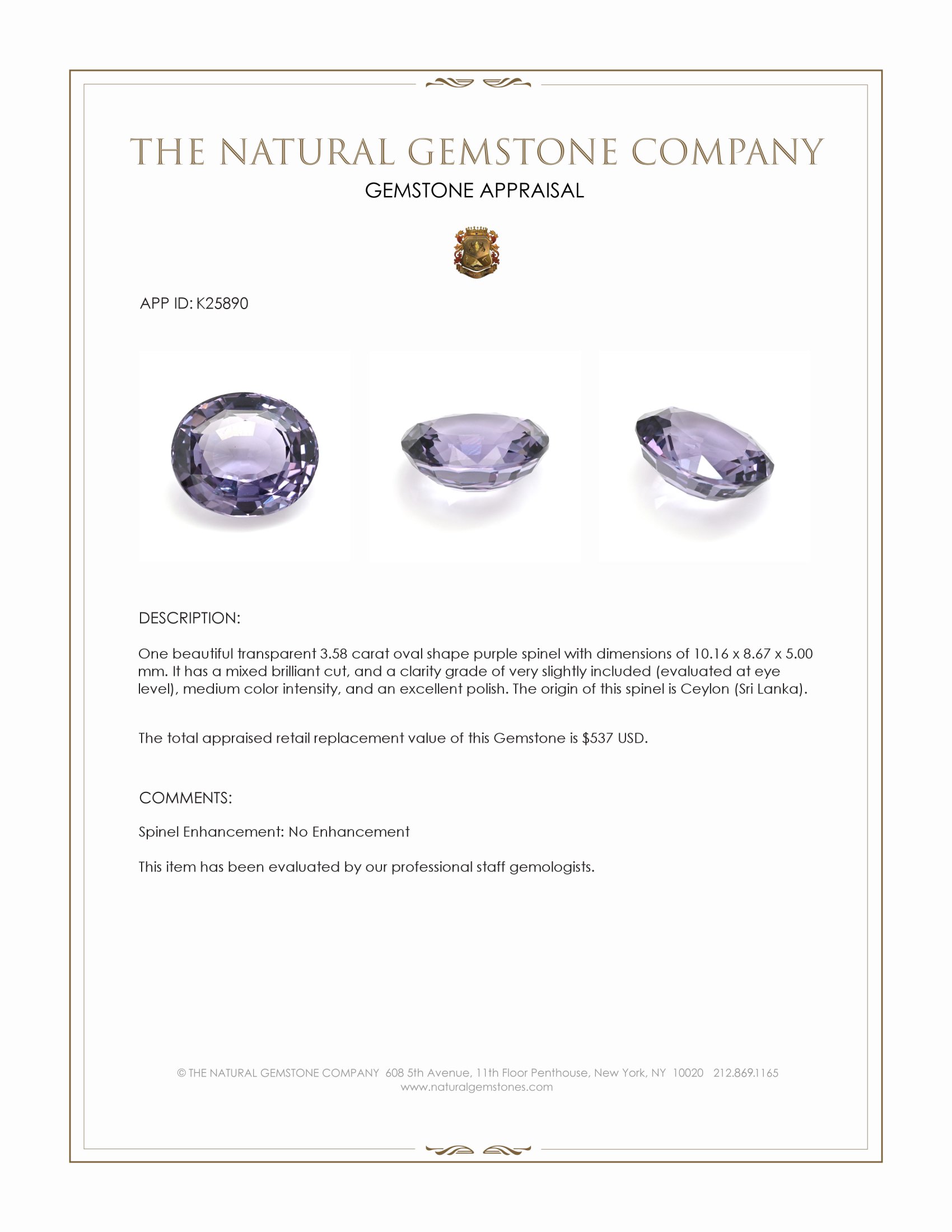 3.58 Ct. Purple Spinel from Ceylon (Sri Lanka)
