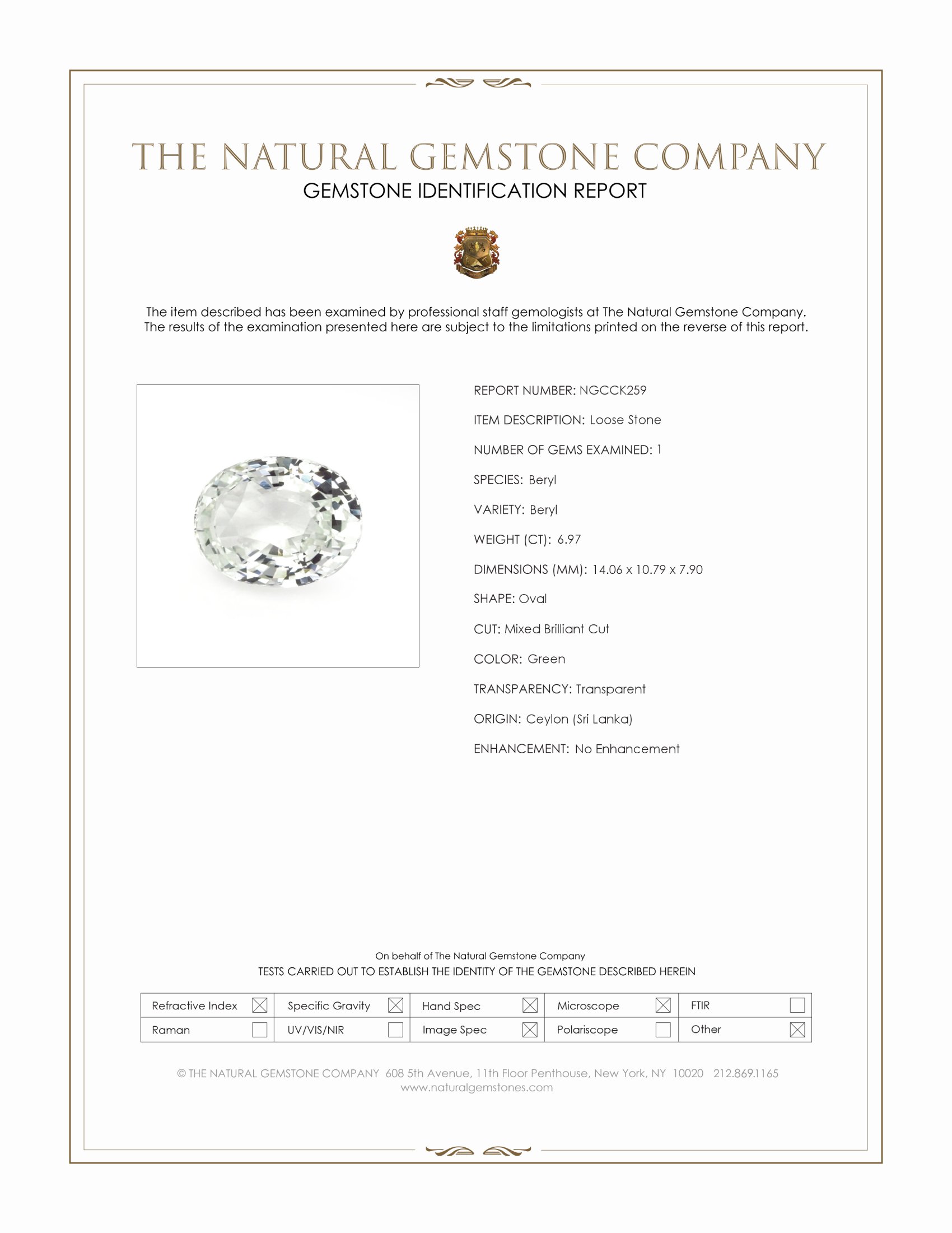 6.97 Ct. Green Beryl from Ceylon (Sri Lanka)