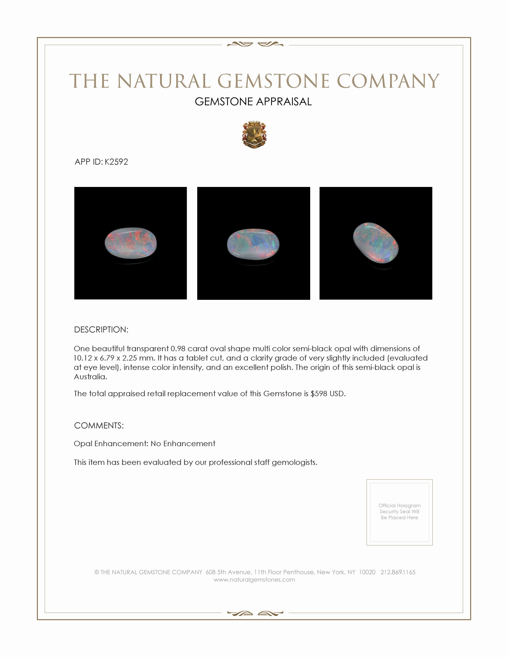 0.98 Ct. Semi-Black Opal from Australia