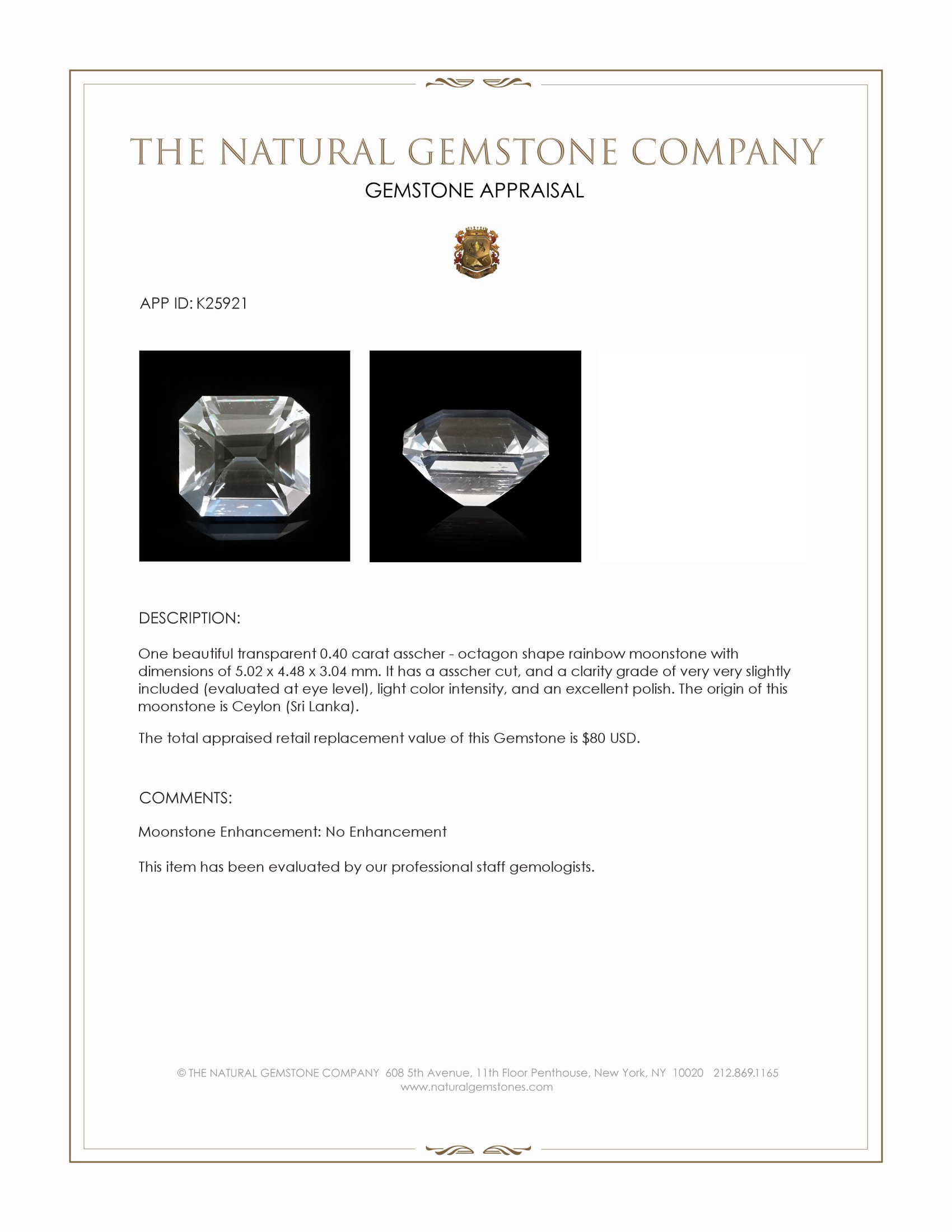 0.40 Ct. Rainbow Moonstone from Ceylon (Sri Lanka)