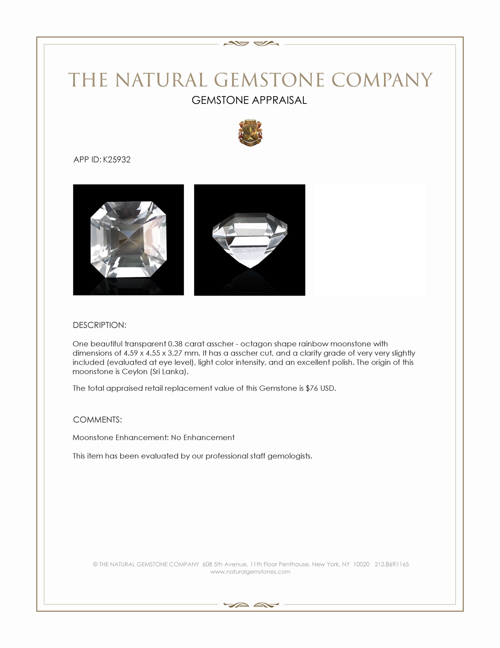 0.38 Ct. Rainbow Moonstone from Ceylon (Sri Lanka)