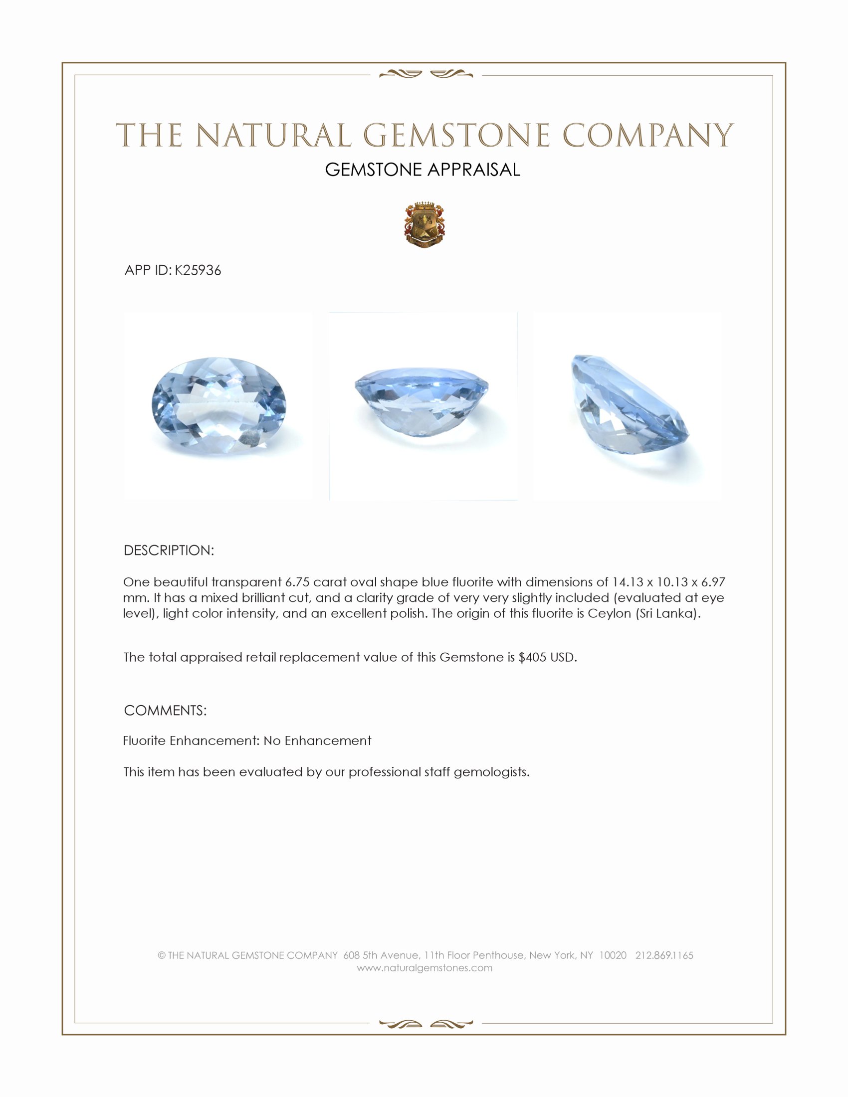 6.75 Ct. Blue Fluorite from Ceylon (Sri Lanka)
