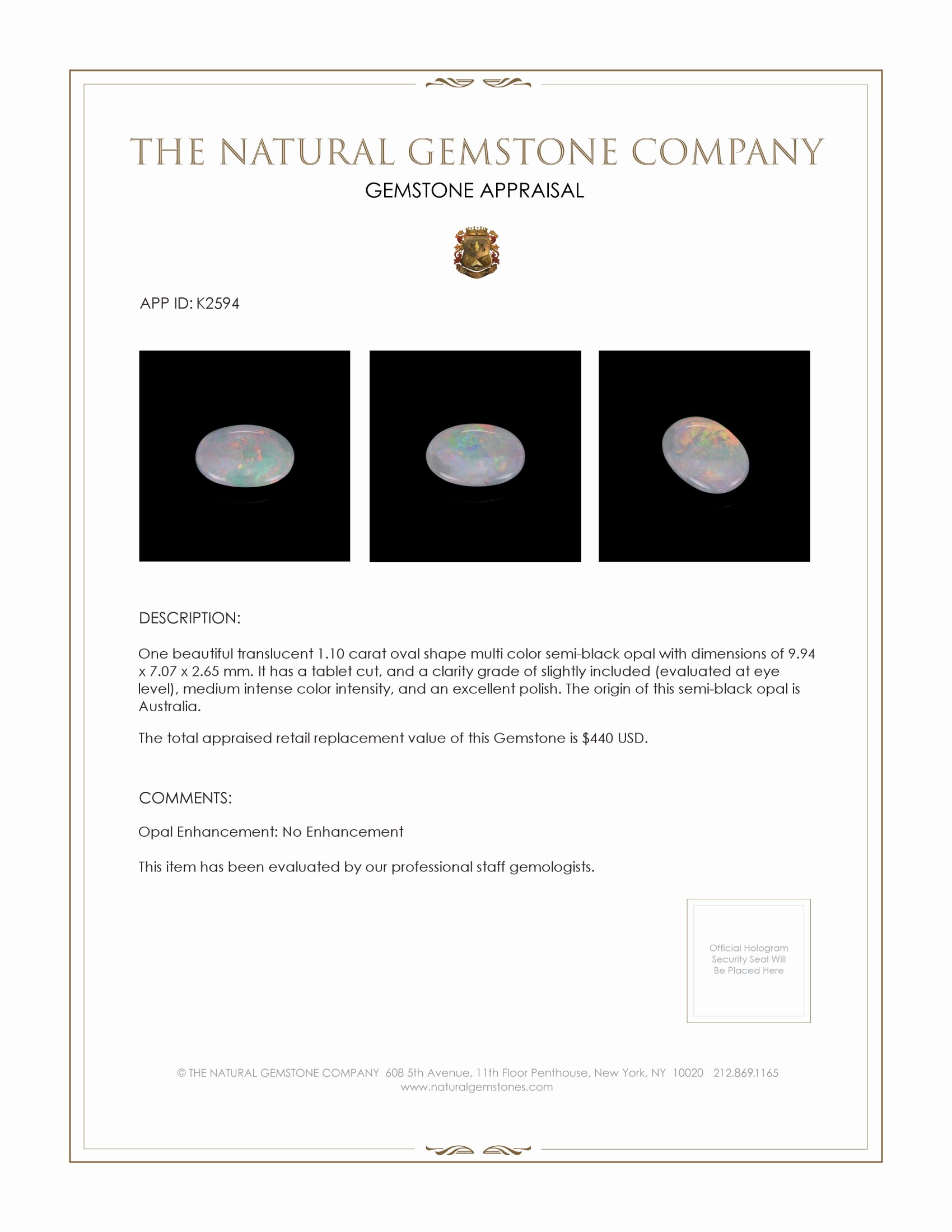 1.10 Ct. Semi-Black Opal from Australia