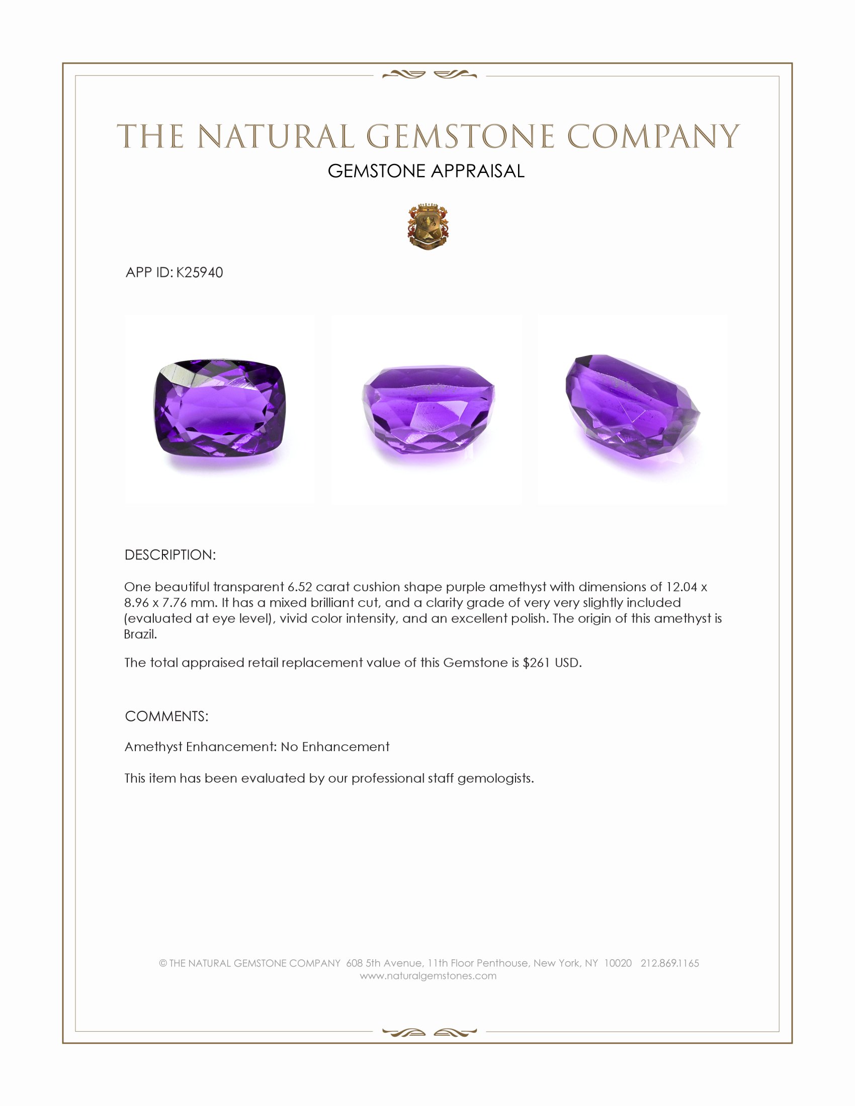 6.52 Ct. Purple Amethyst from Brazil