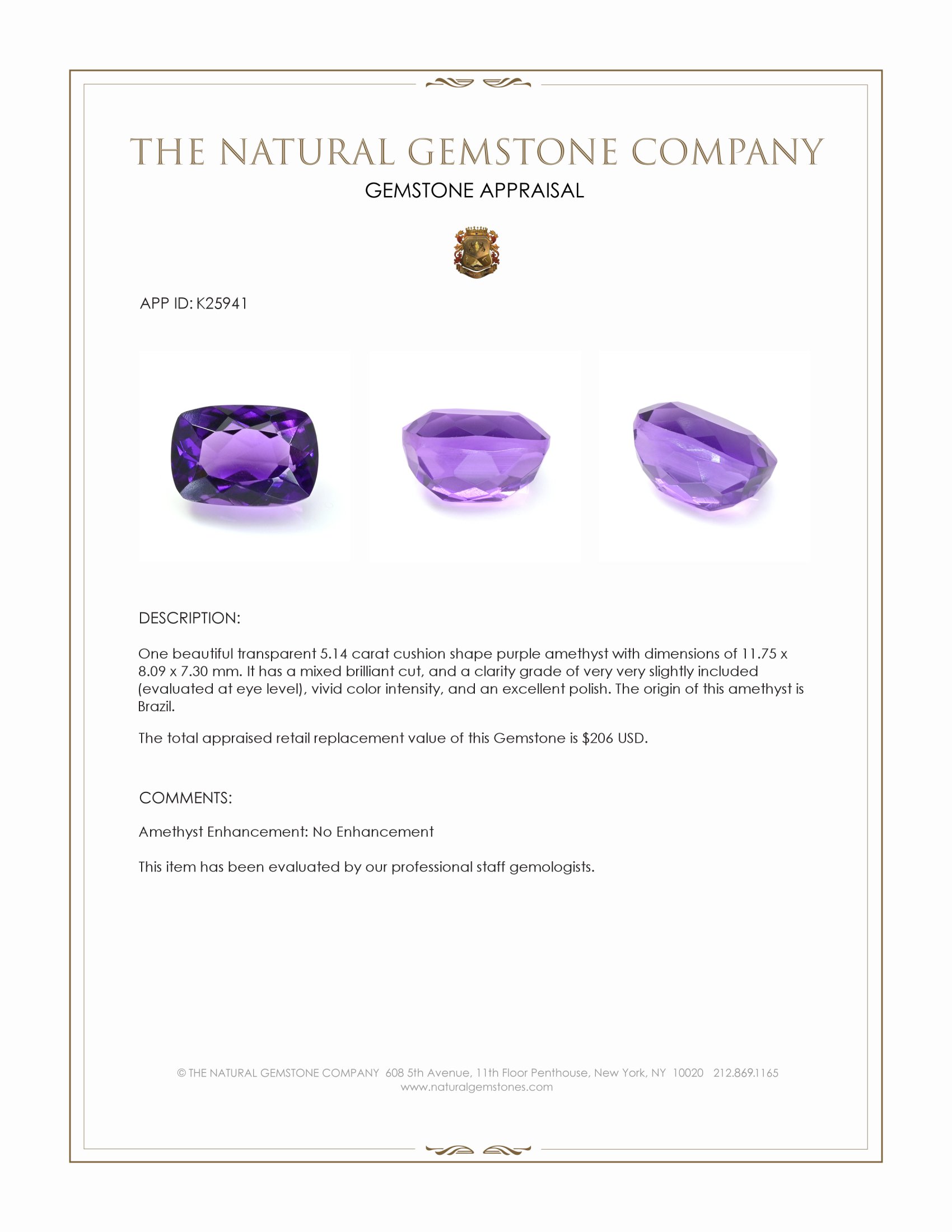 5.14 Ct. Purple Amethyst from Brazil