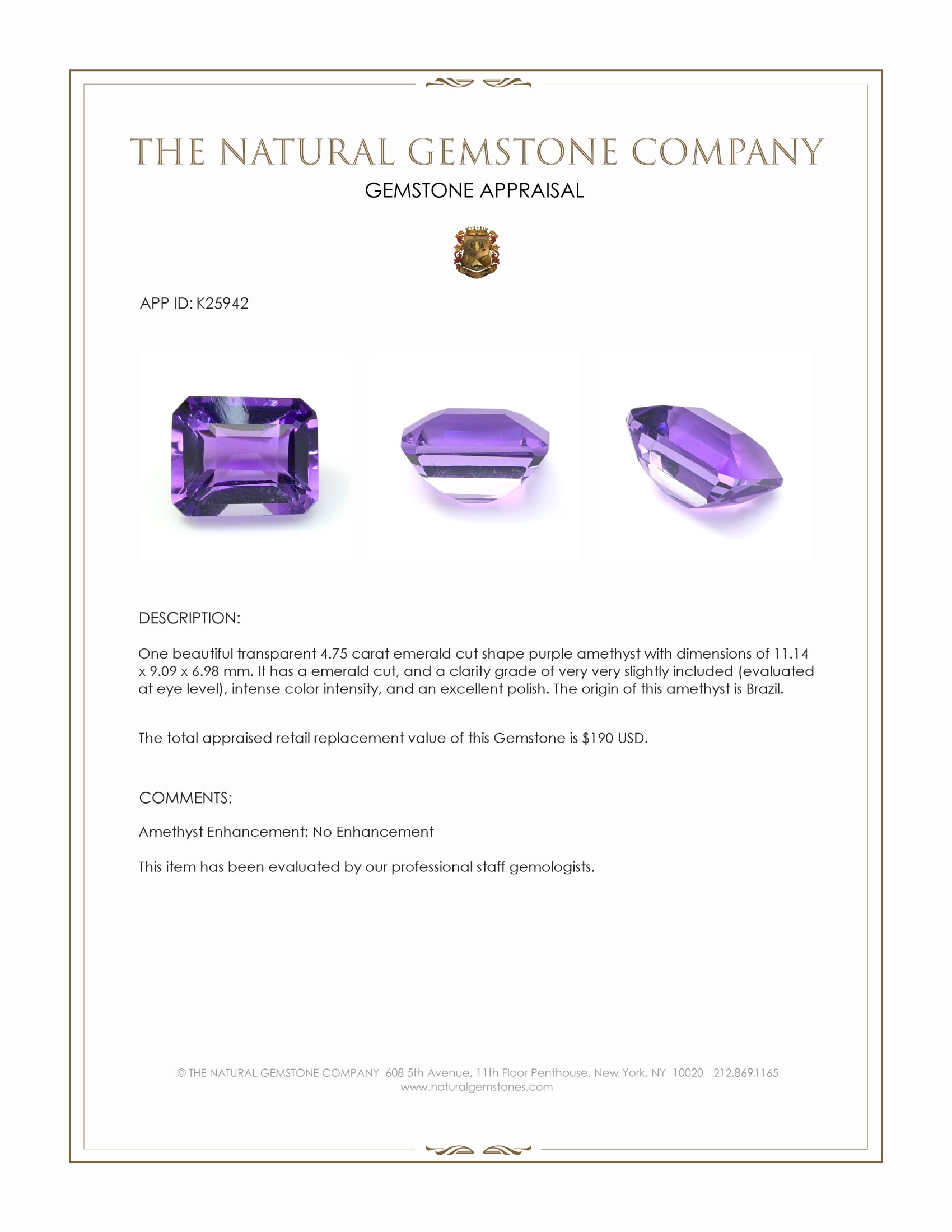 4.75 Ct. Purple Amethyst from Brazil