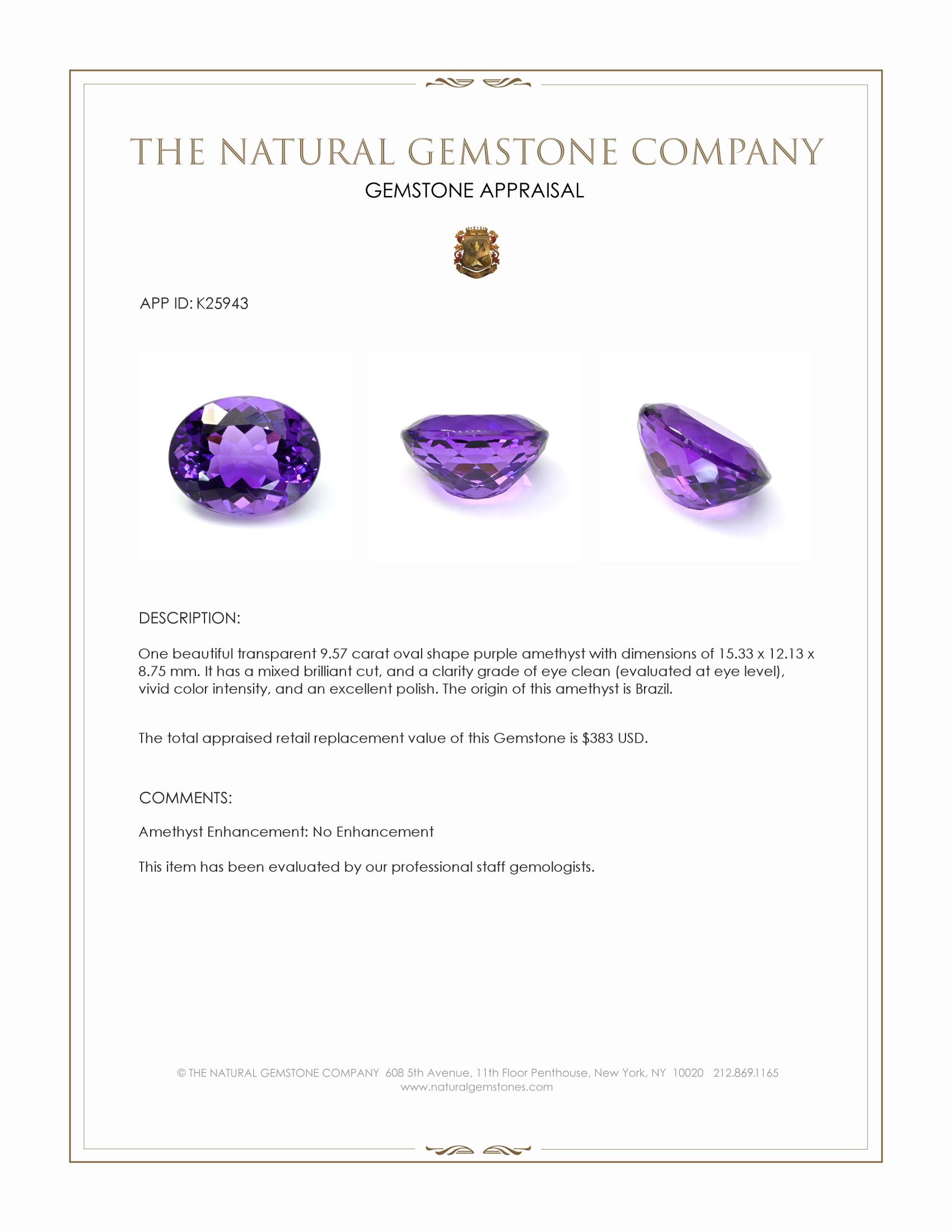 9.57 Ct. Purple Amethyst from Brazil
