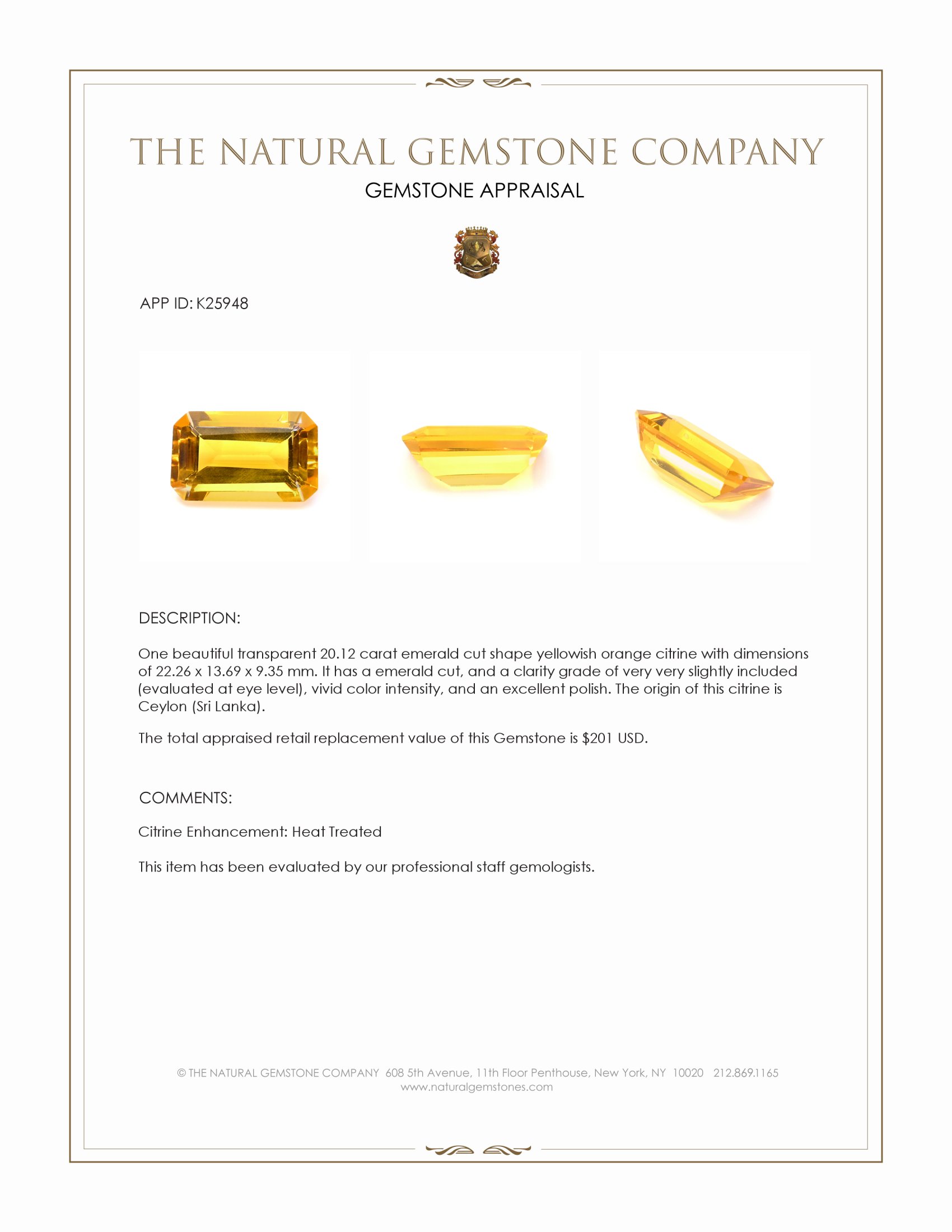 20.12 Ct. Yellowish Orange Citrine from Ceylon (Sri Lanka)