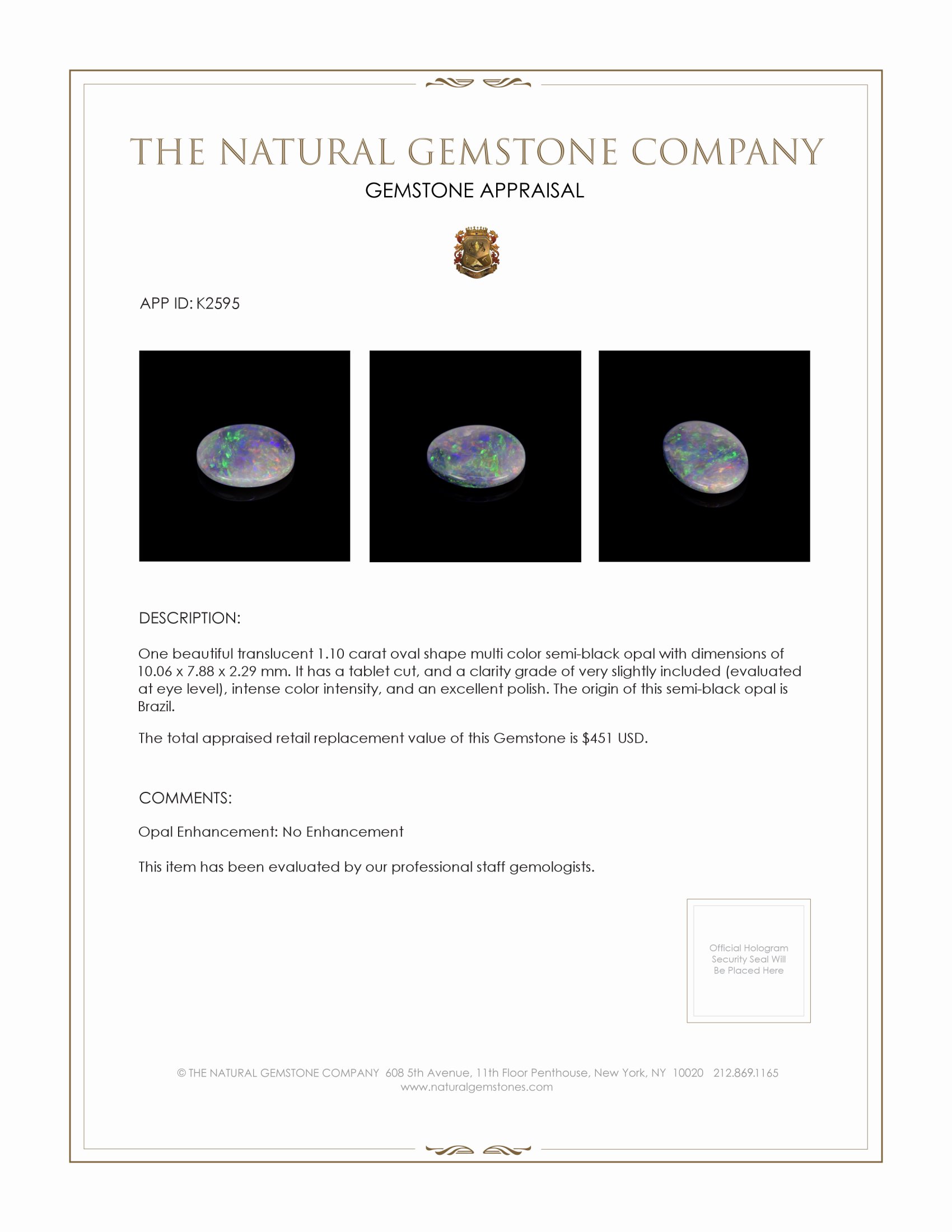 1.10 Ct. Semi-Black Opal from Brazil