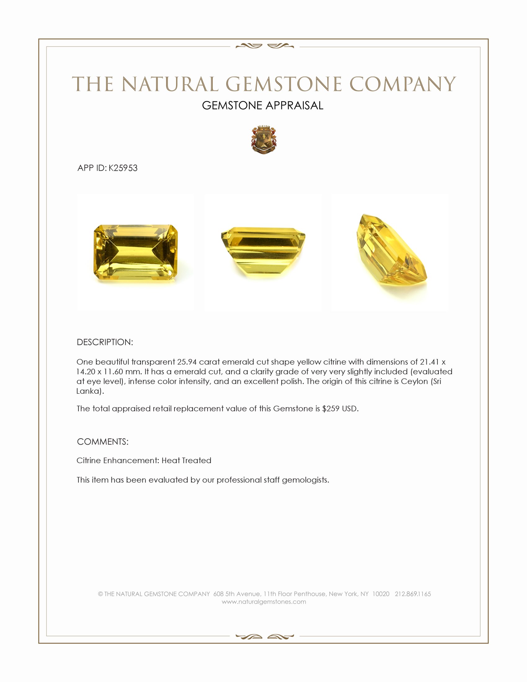 25.94 Ct. Yellow Citrine from Ceylon (Sri Lanka)