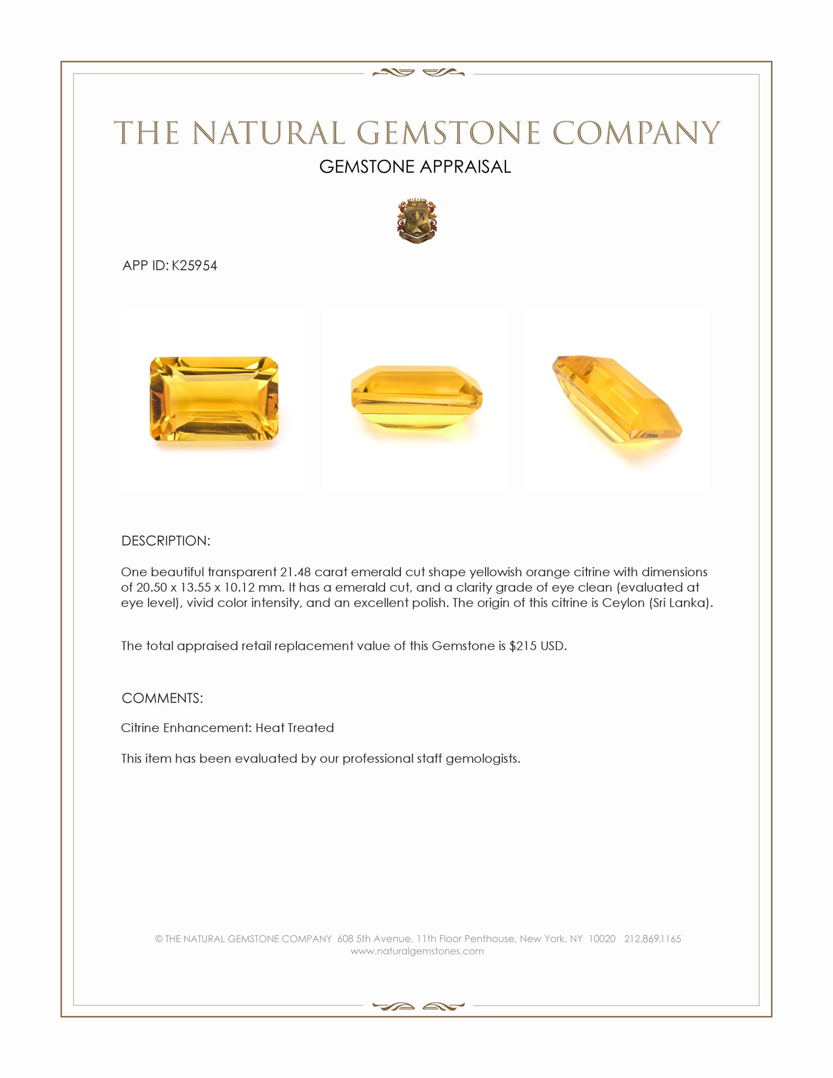 21.48 Ct. Yellowish Orange Citrine from Ceylon (Sri Lanka)