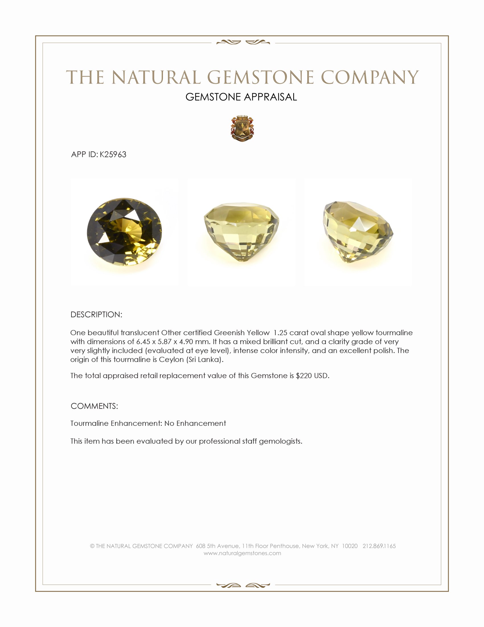 1.25 Ct. Yellow Tourmaline from Ceylon (Sri Lanka)
