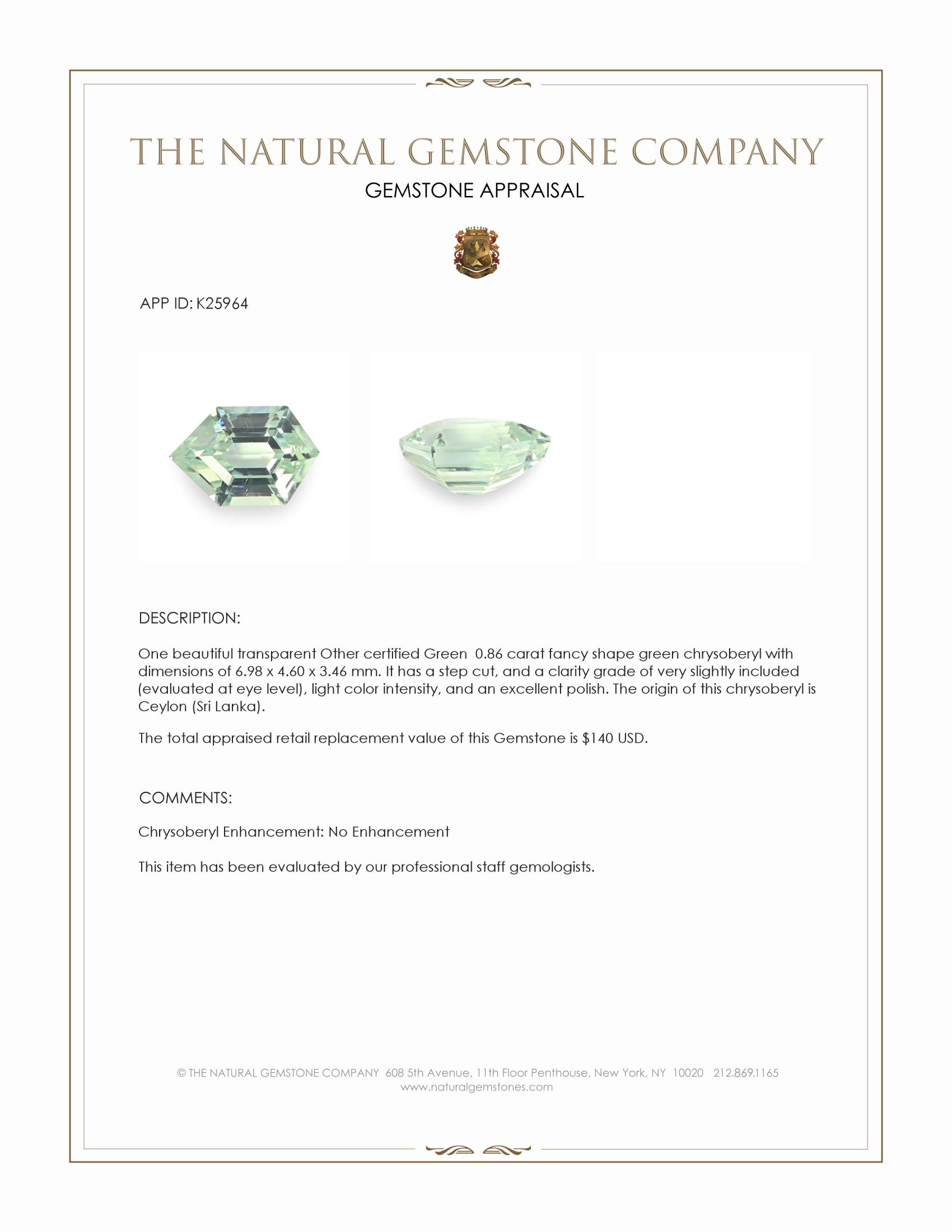 0.86 Ct. Green Chrysoberyl from Ceylon (Sri Lanka)