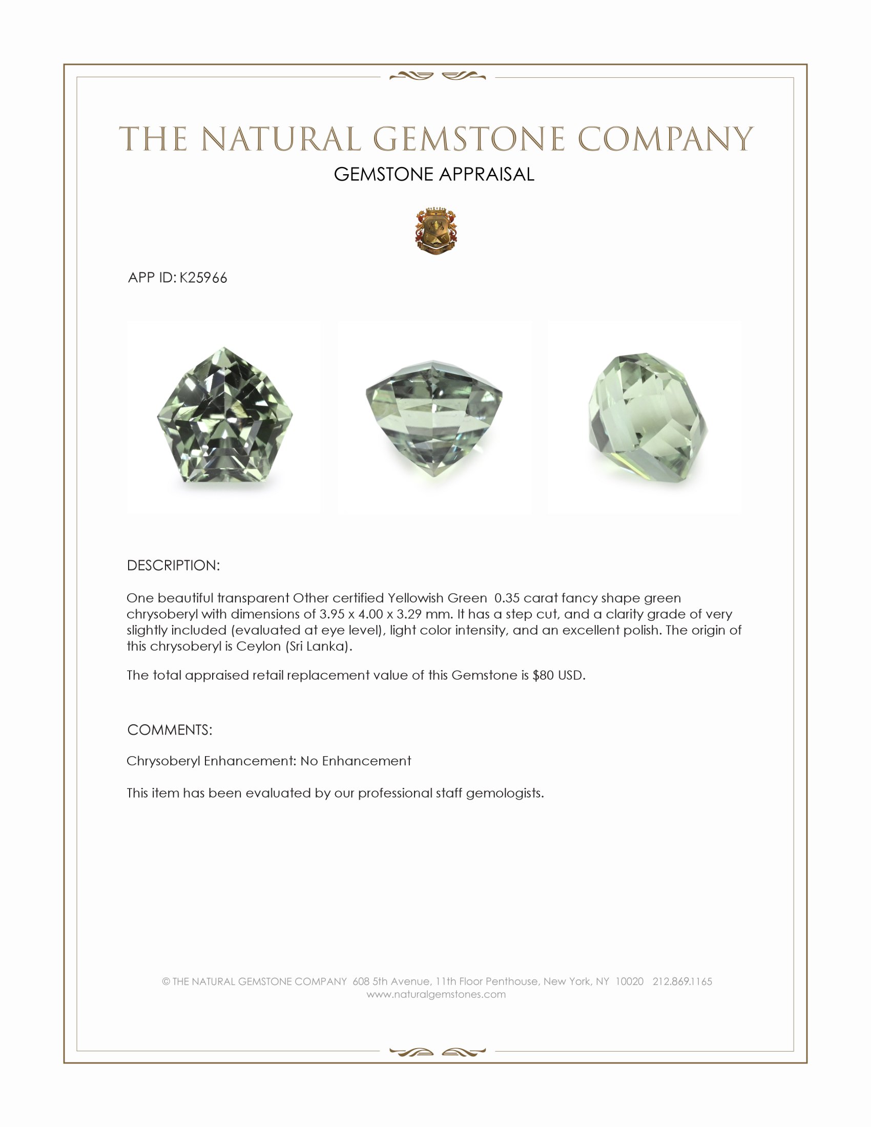 0.35 Ct. Green Chrysoberyl from Ceylon (Sri Lanka)
