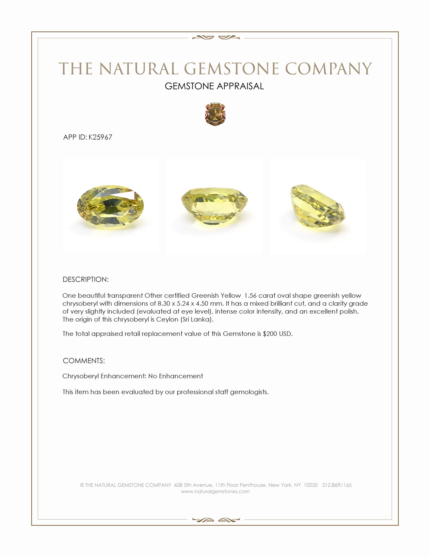 1.56 Ct. Greenish Yellow Chrysoberyl from Ceylon (Sri Lanka)