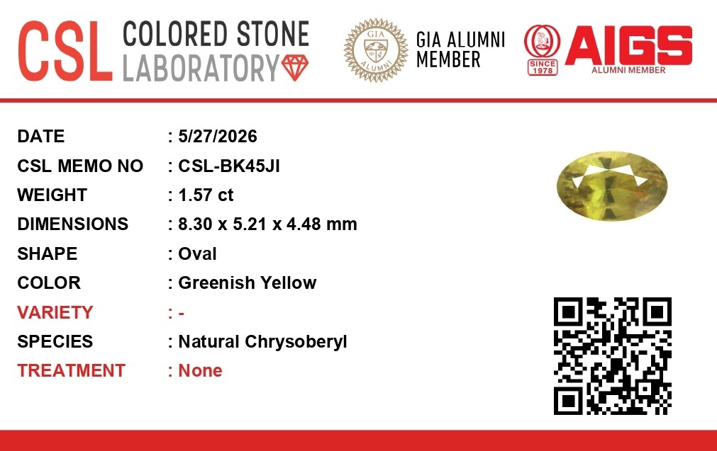 1.56 Ct. Greenish Yellow Chrysoberyl from Ceylon (Sri Lanka)