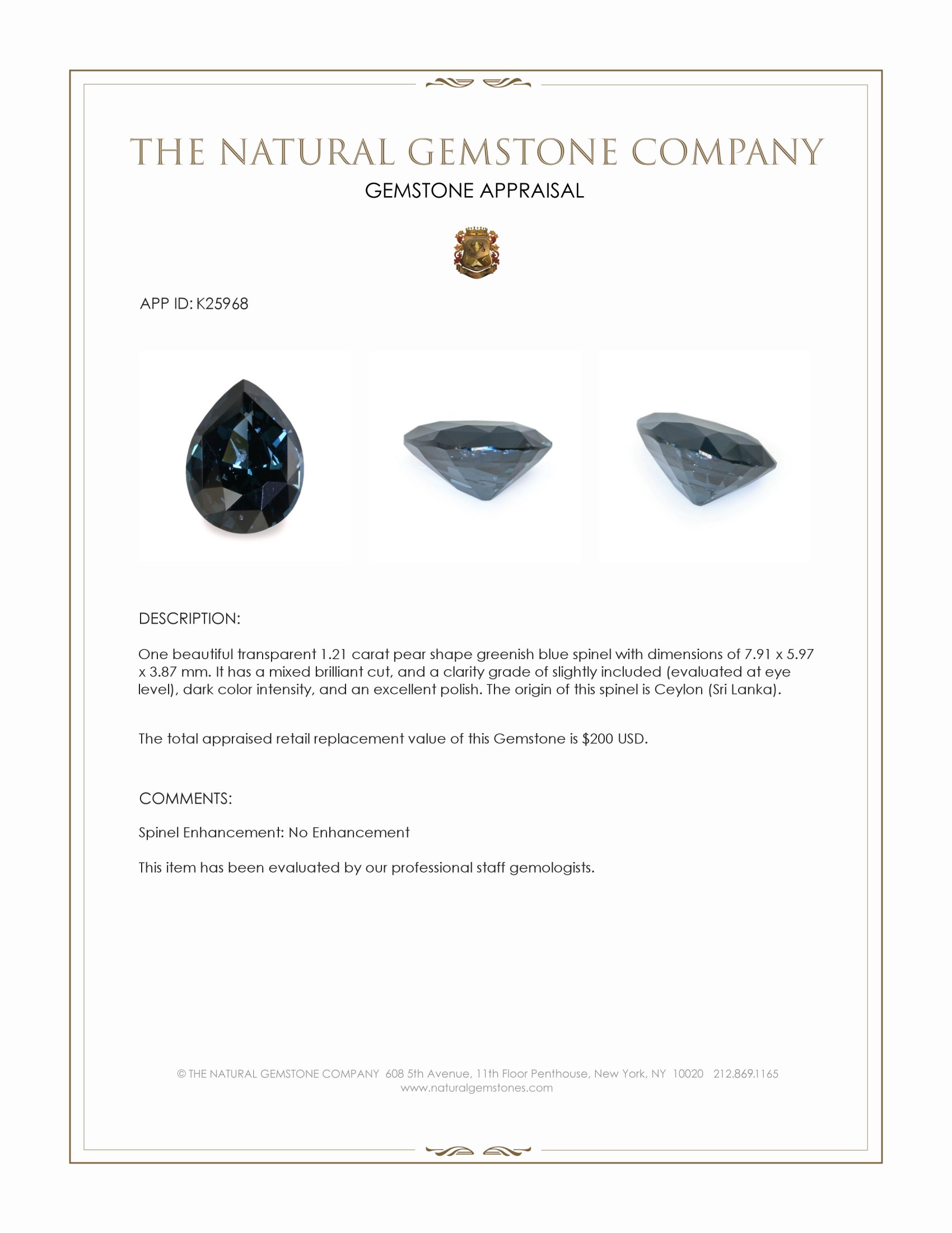 1.21 Ct. Greenish Blue Spinel from Ceylon (Sri Lanka)