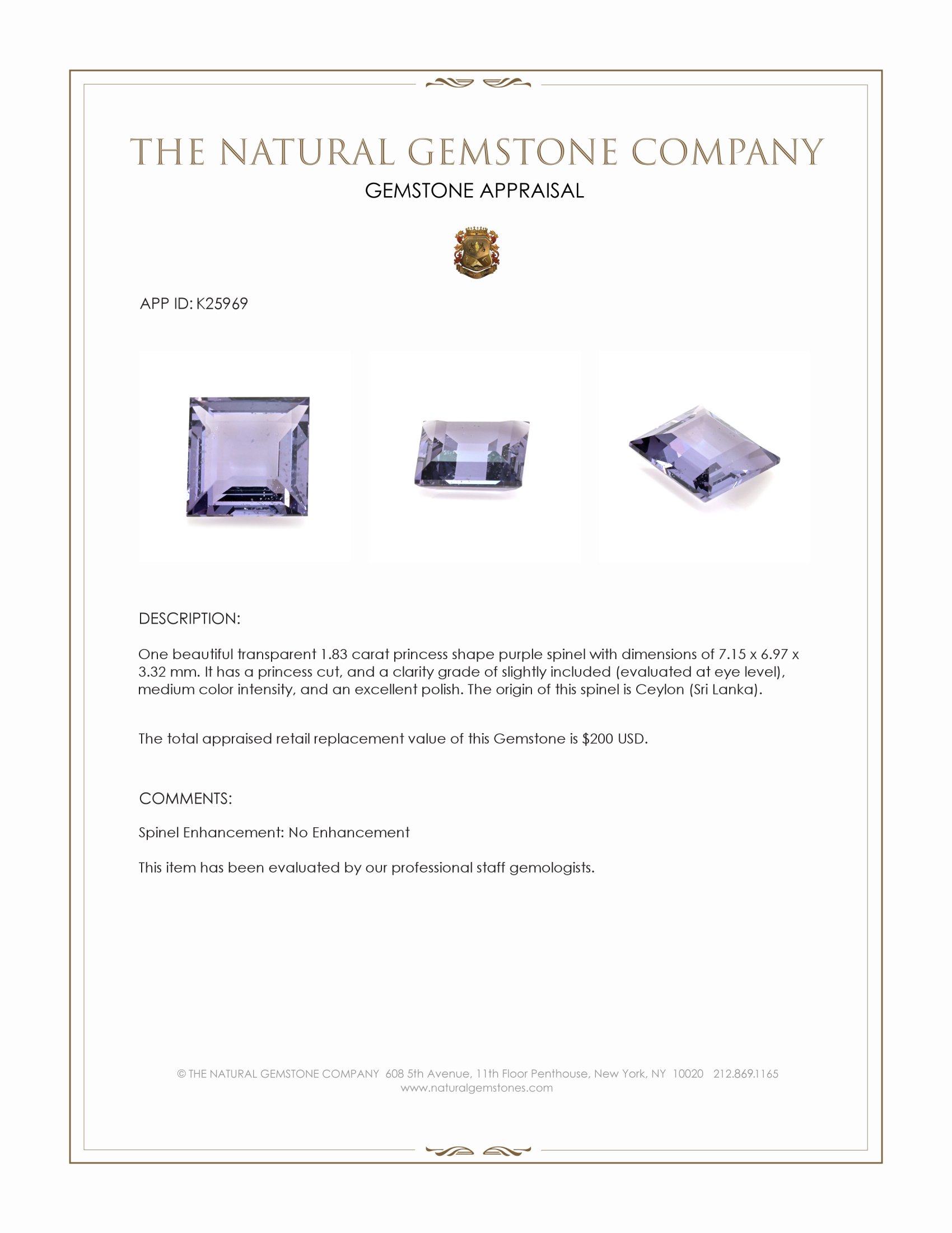 1.83 Ct. Purple Spinel from Ceylon (Sri Lanka)