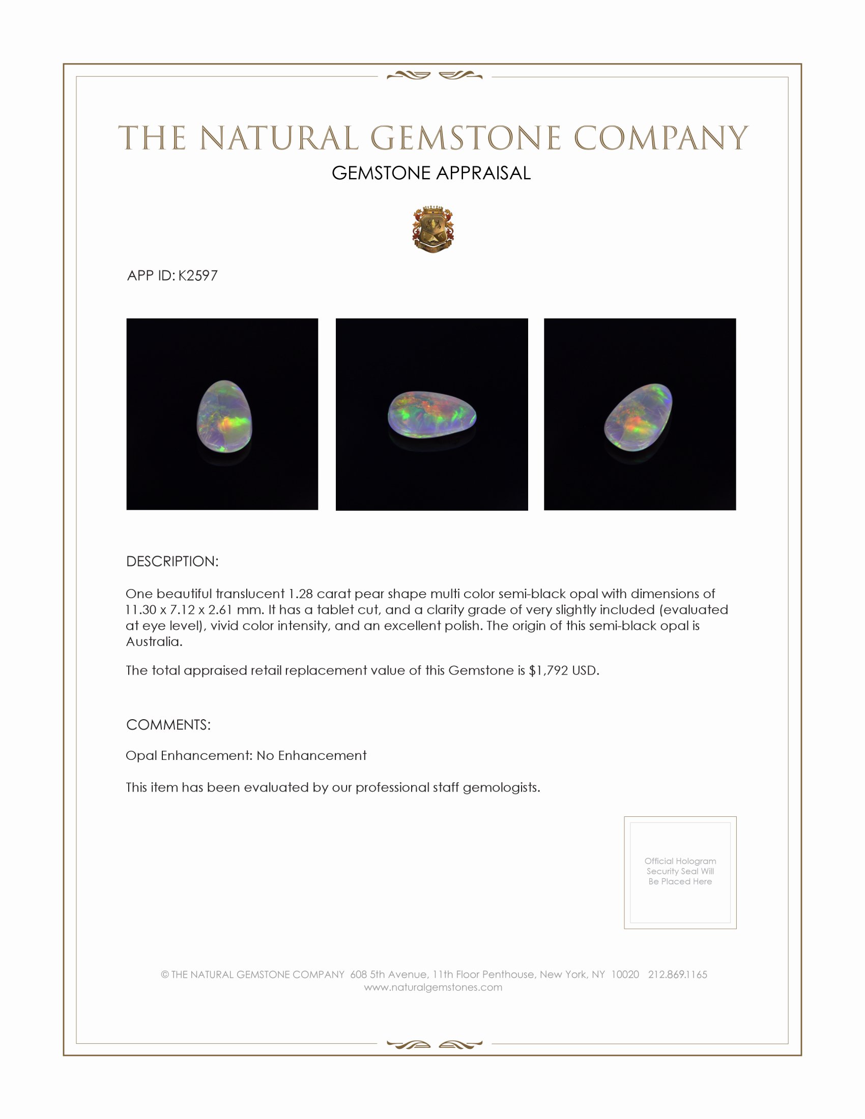 1.28 Ct. Semi-Black Opal from Australia