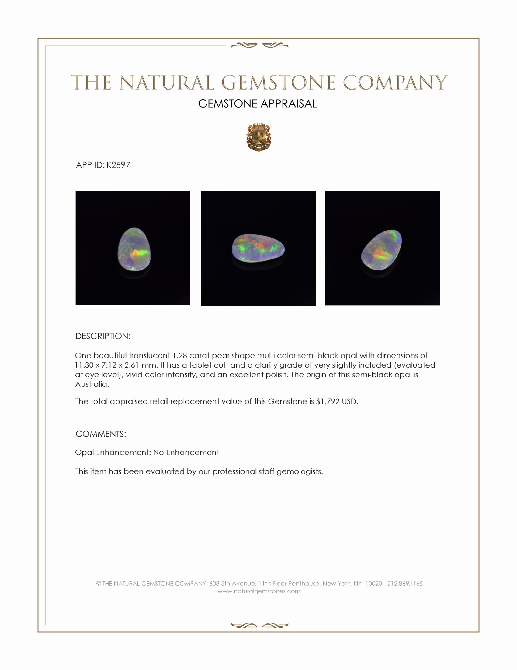 1.28 Ct. Multi Color Semi-Black Opal from Australia