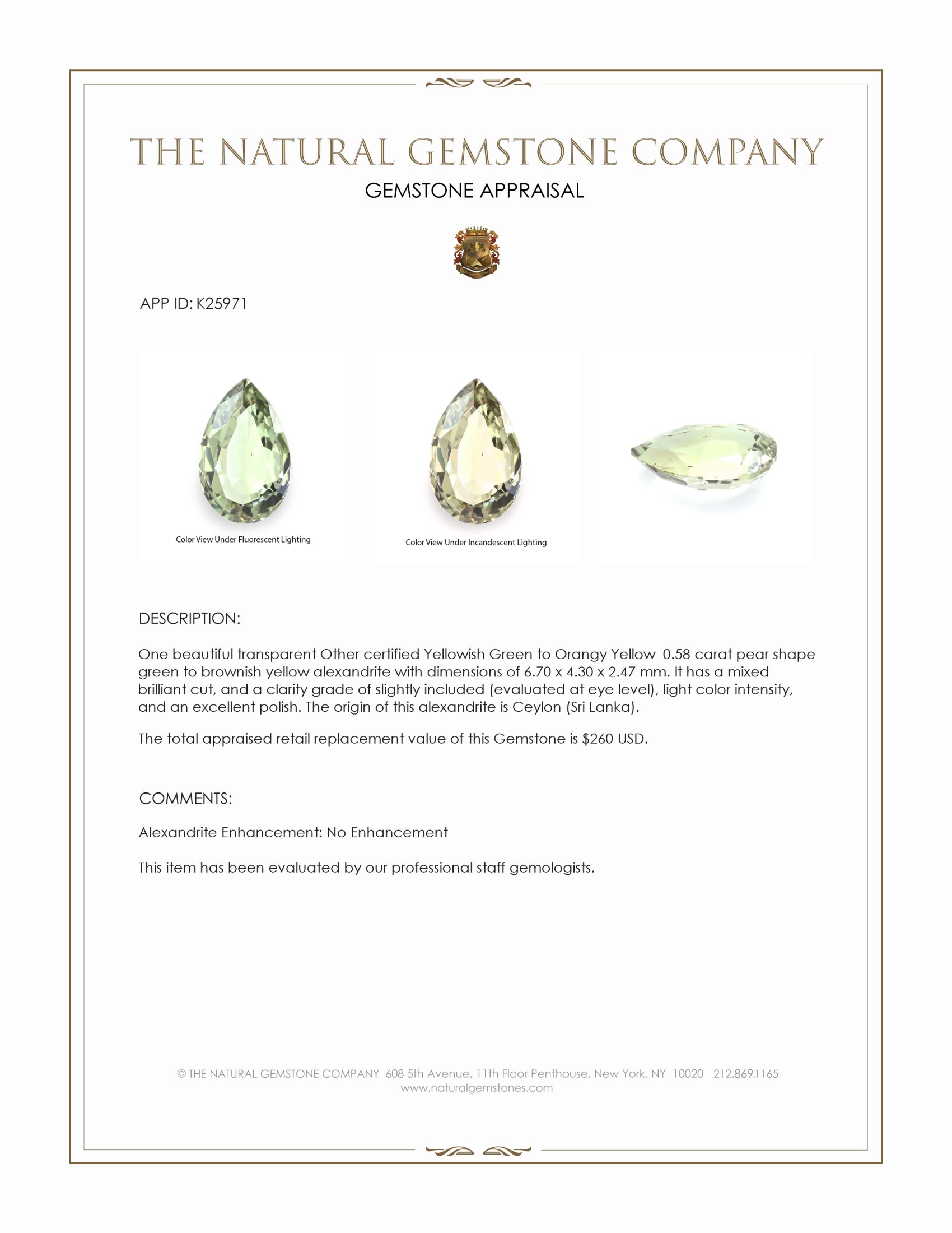 0.58 Ct. Alexandrite from Ceylon (Sri Lanka)