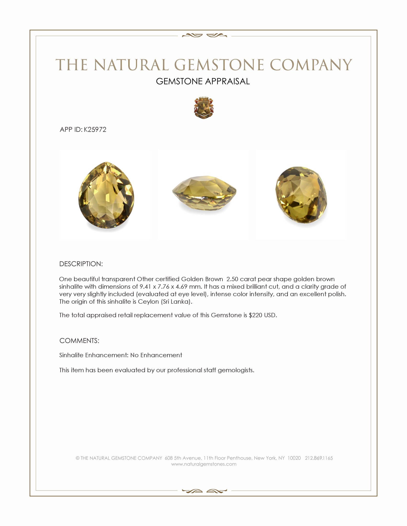 2.50 Ct. Golden Brown Sinhalite from Ceylon (Sri Lanka)