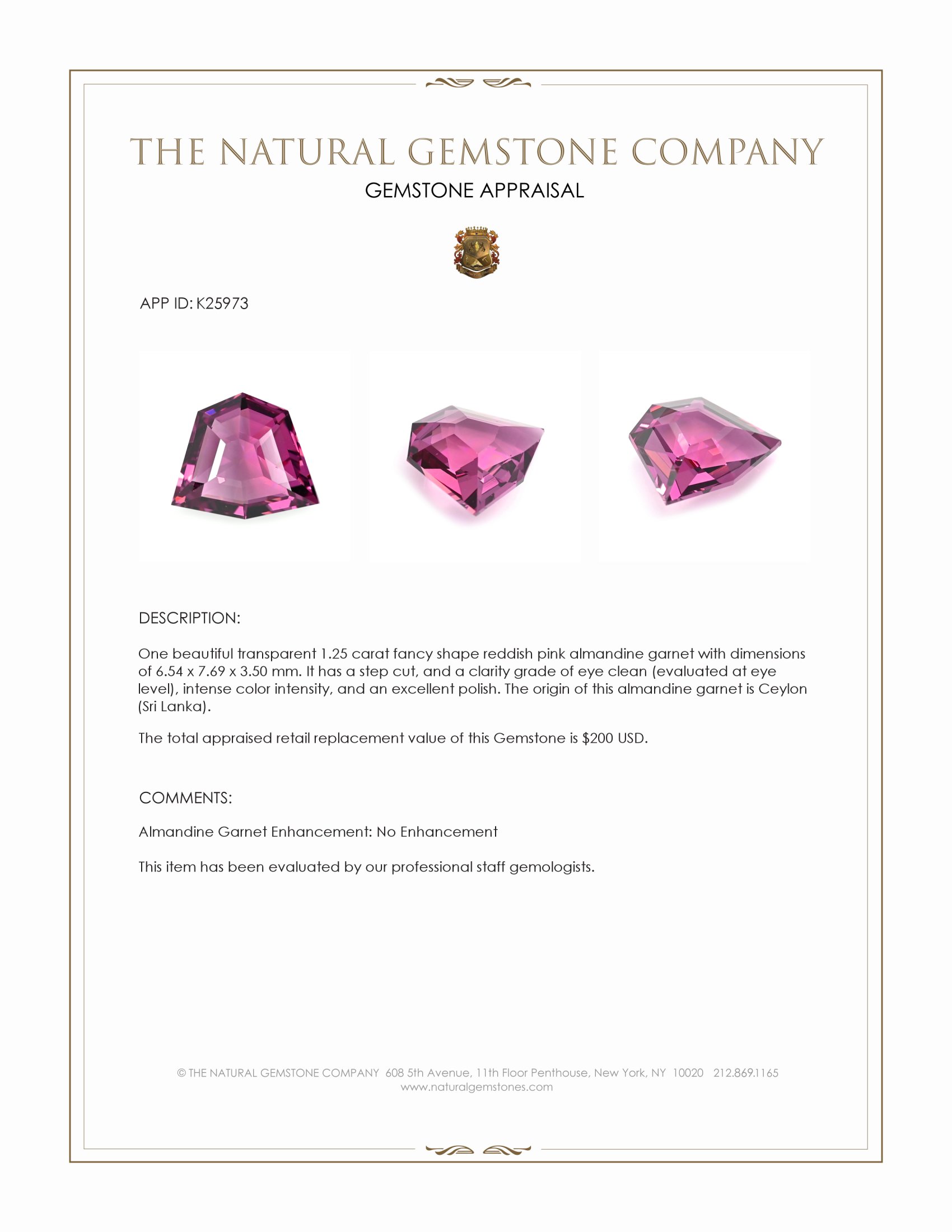 1.25 Ct. Reddish Pink Almandine Garnet from Ceylon (Sri Lanka)