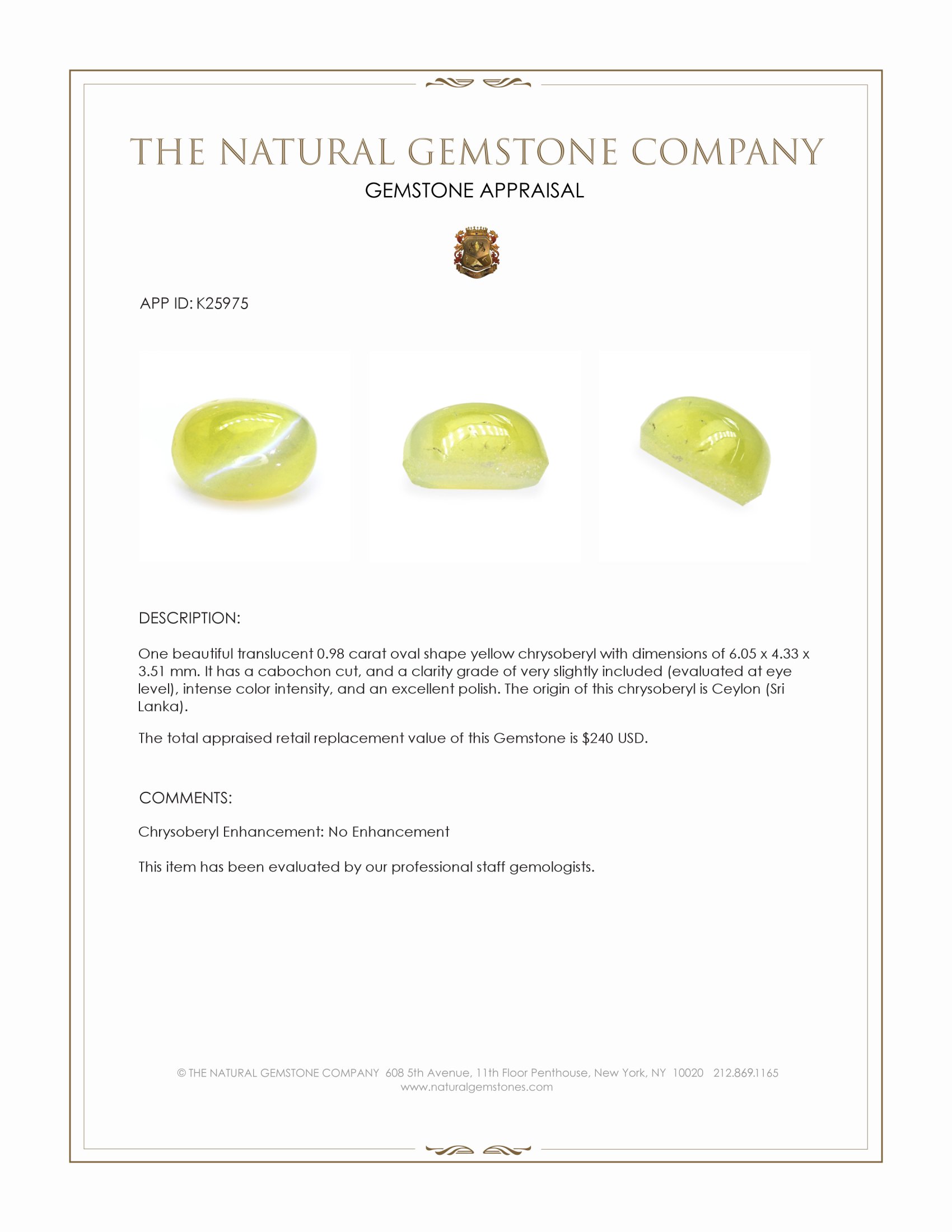 0.98 Ct. Yellow Cabochon Chrysoberyl from Ceylon (Sri Lanka)