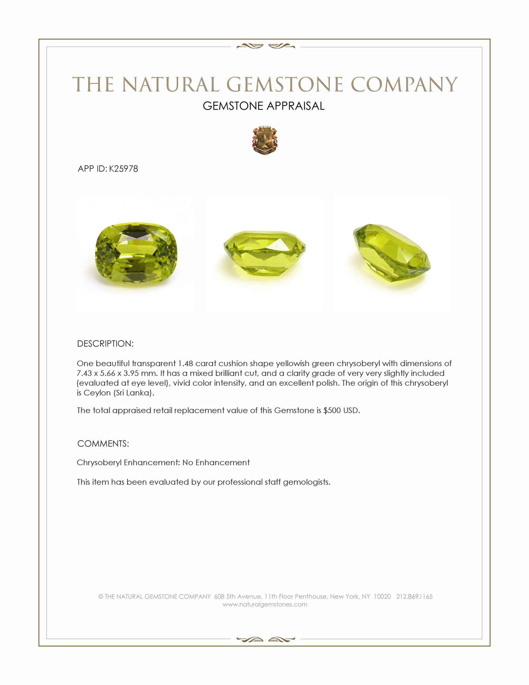 1.48 Ct. Yellowish Green Chrysoberyl from Ceylon (Sri Lanka)